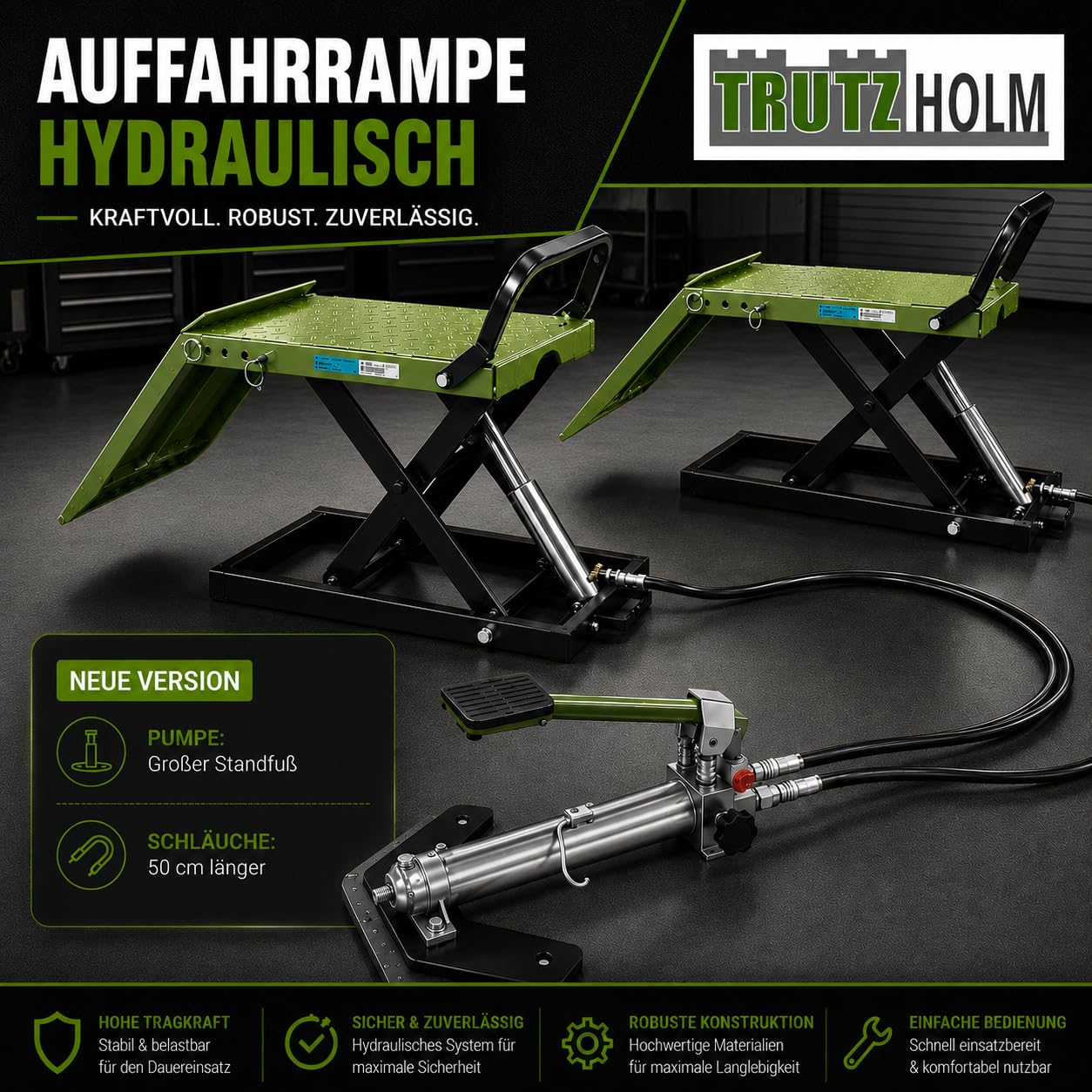 TRUTZHOLM Auffahrrampe hydraulisch höhenverstellbar Tragkraft 1360 kg Breite je Hebeplattform 34 cm doppelte Hebebühne Wagenheber Car Lift Scherenheber Montagerampe KFZ Rampe Auffahrbock schwarz/grün