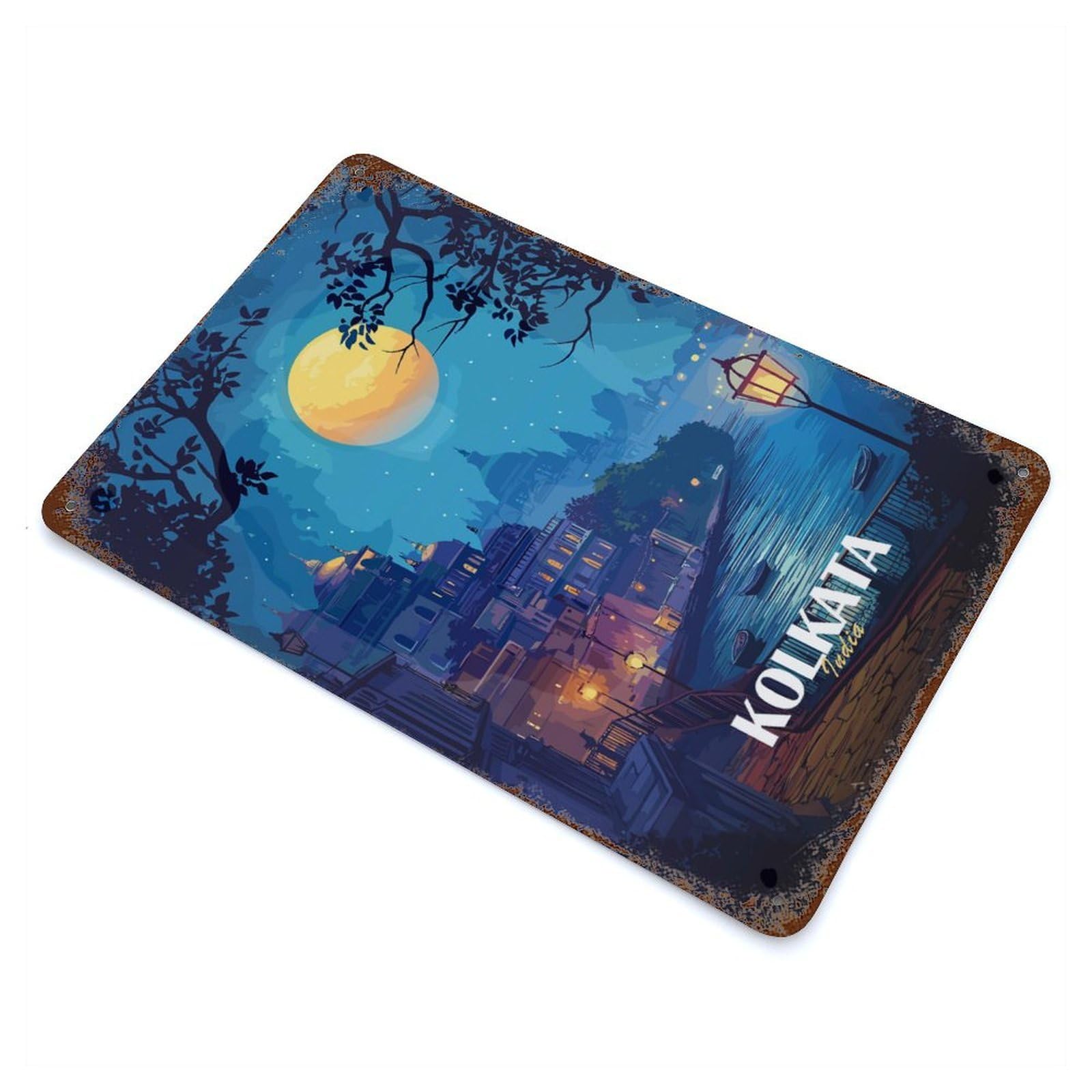 Kolkata India Nightscape Illustration Aged Metal Wall Plaque 11.8"x7.9", Old School Wall Decor for Garage, Pub Or Kitchen