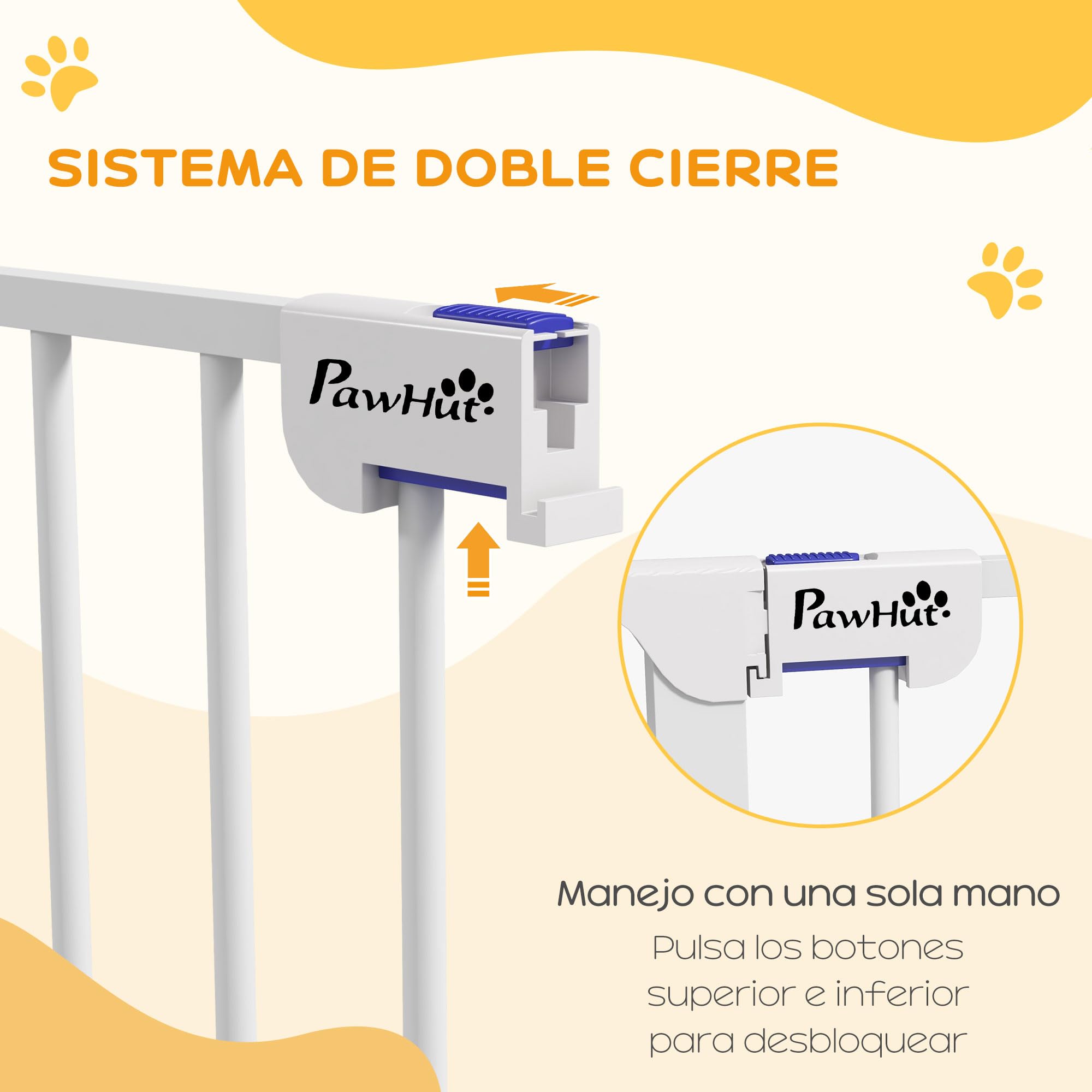 PawHut Barrera para Perros de Acero 206x90 cm Valla para Mascotas Plegable de 3 Paneles con Doble Cerradura y Función de Bloqueo Auxiliar para Puerta Pasillo Escalera Blanco