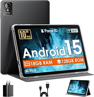 MENTUME 10 Inch Android 15 Tablet: Octa-Core, 18GB RAM 128GB ROM Expand to 1TB, Widevine L1 IPS Display, 6000mAh Battery, Black