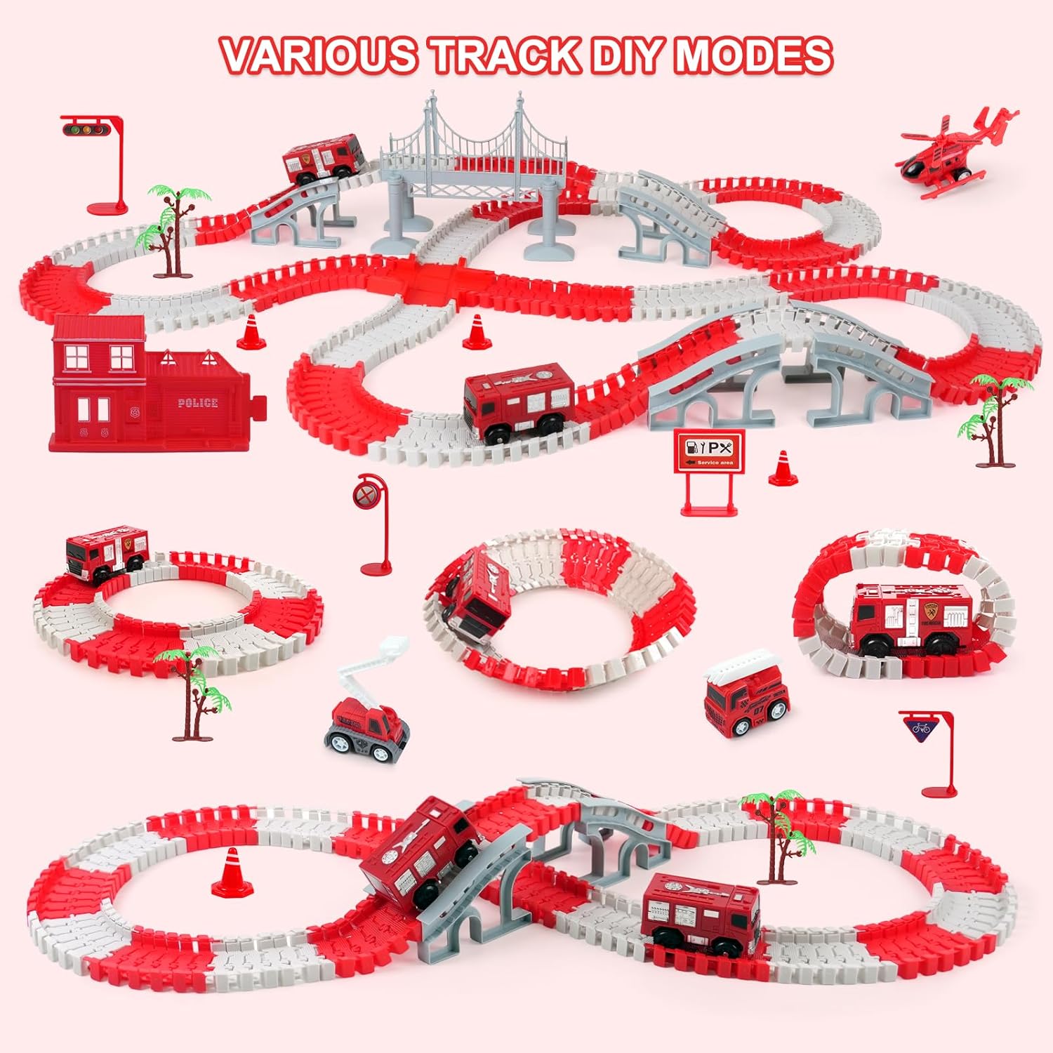 Race Car Track Set for Kids - Flexible Educational DIY Track Toy, Best Birthday Gift for Boys Ages 3 4 5 6 7, 330+ PCS with Fire Trucks and Helicopter