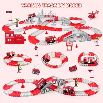 Race Car Track Set for Kids - Flexible Educational DIY Track Toy, Best Birthday Gift for Boys Ages 3 4 5 6 7, 330+ PCS with Fire Trucks and Helicopter