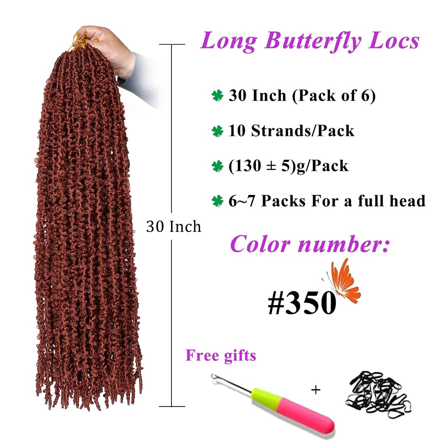ZRQ Copper Red 30 Inch Butterfly Locs Crochet Hair 6 Packs Pre-looped Long Distressed Butterfly Faux Locs Hair Ginger Goddess Soft Locs Crochet Braids Hair Extensions (30 Inch, 350#）