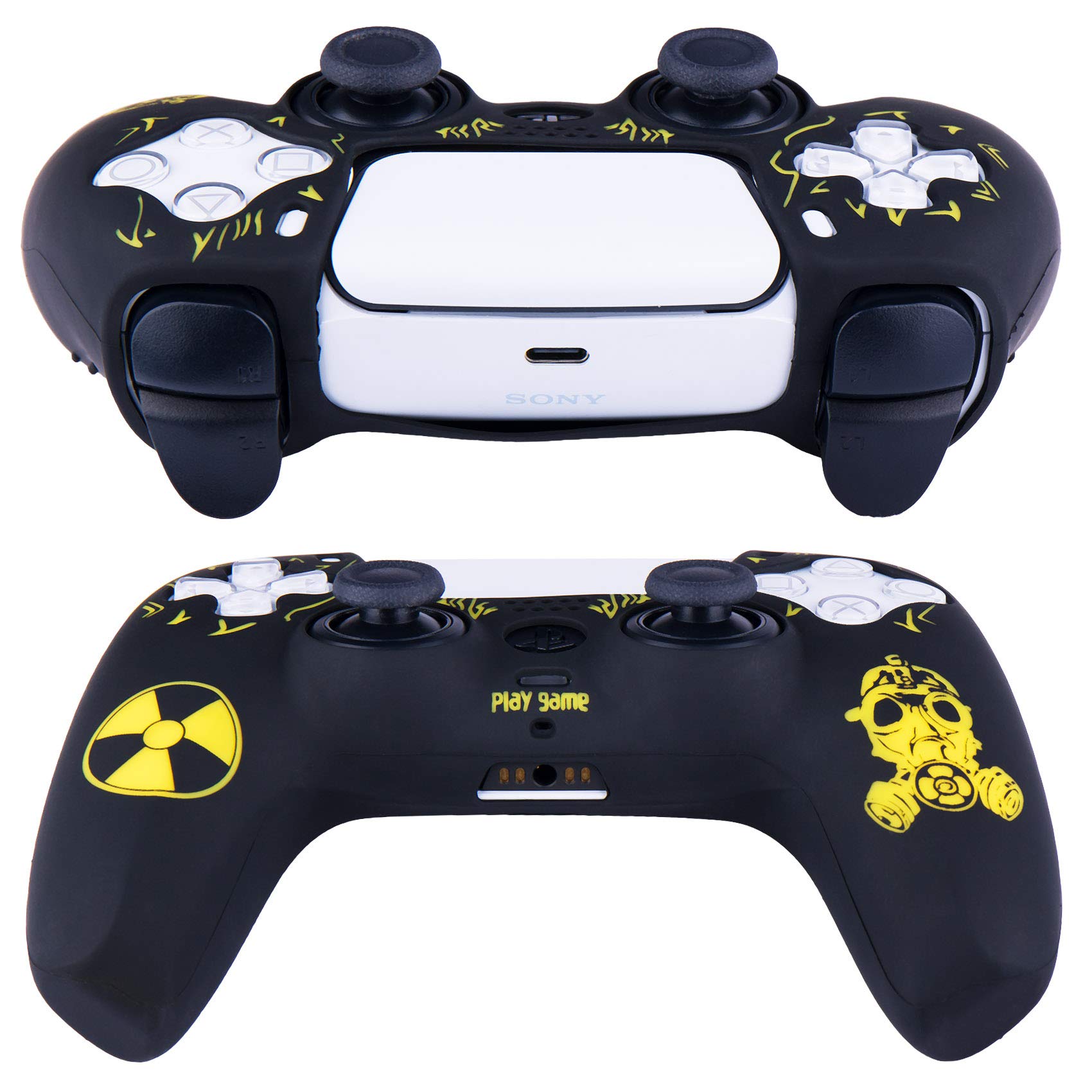 YoRHa Intaglio Laser Cassa Pelle Copertura Silicone Skin Cover Custodia per PS5 Dualsense Controller x 1 (Giallo di Radiazione) Con PRO Presa del Pollice Thumb Grips x 8