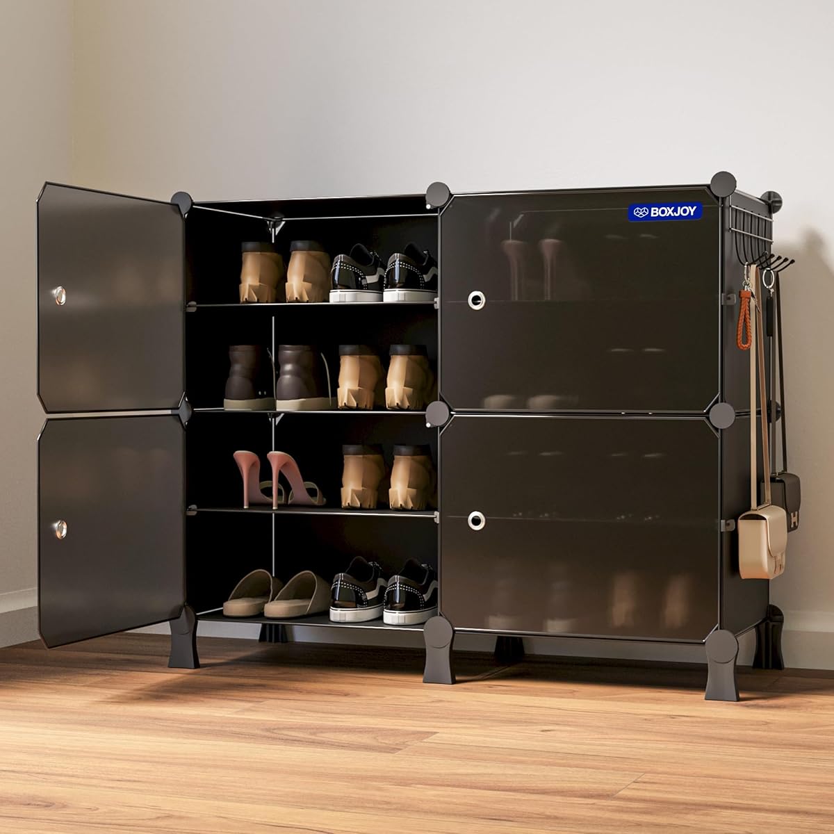 BOXJOY 8 Shelf Shoe Rack Box Organizer with 4 Doors, Strong Magnets &amp; 5 Hook Steel Holder for Home Storage, PP Plastic Cabinets with Metal Frame, Chappal Slipper Stand (Black Rack, Translucent Door)