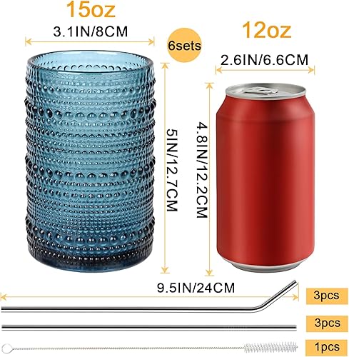 Miniatura 2 de Juego de 6 vasos para beber Hobnail de 15 onzas, vasos de vidrio en relieve, vasos altos, vasos azules, juego de cristalería vintage para jugo,