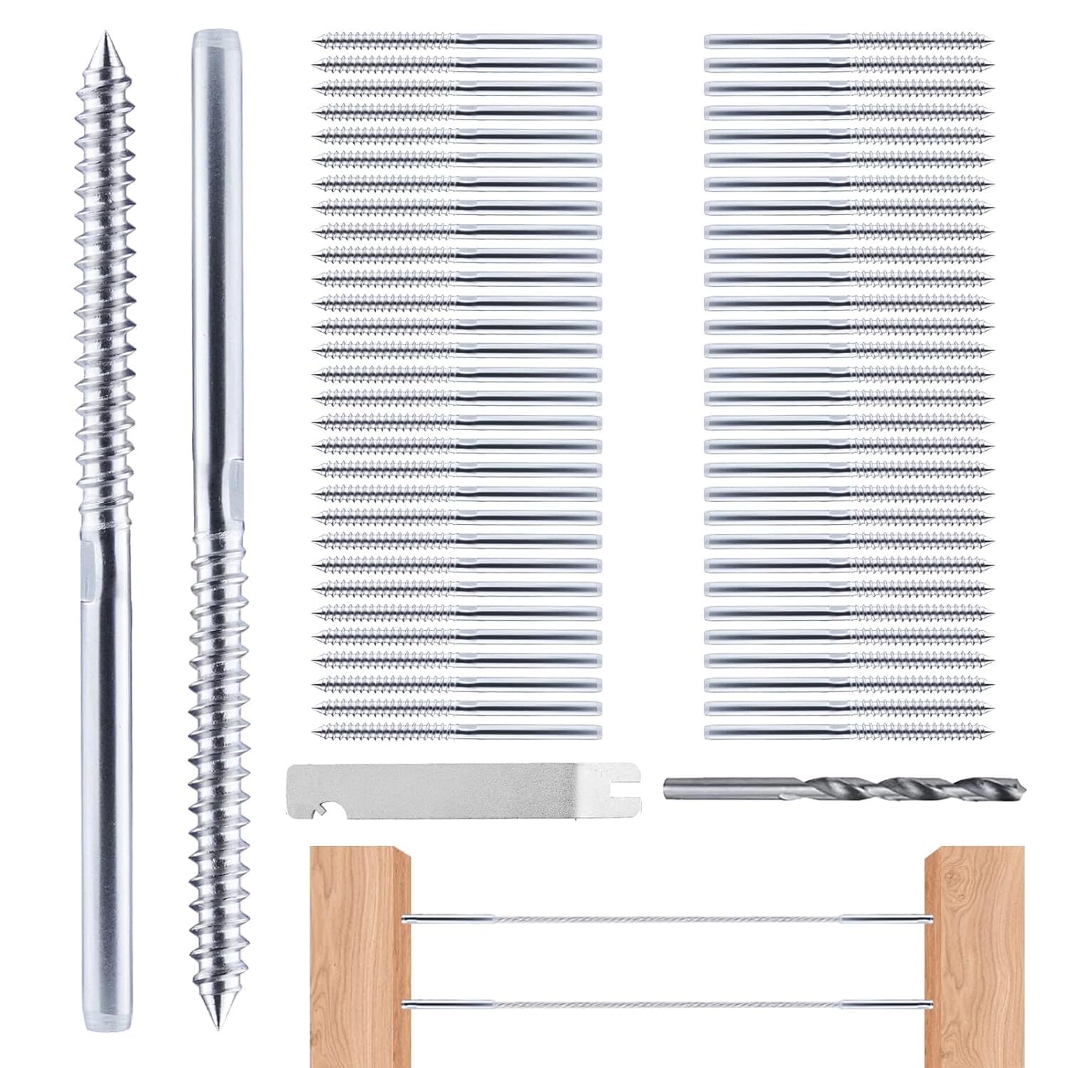 60 Pack Left & Right Handed Thread Swage Lag Screws - 1/8" Cable Railing Hardware Kit for Wood Posts Stair Railing System - T316 Stainless Steel Marine Grade