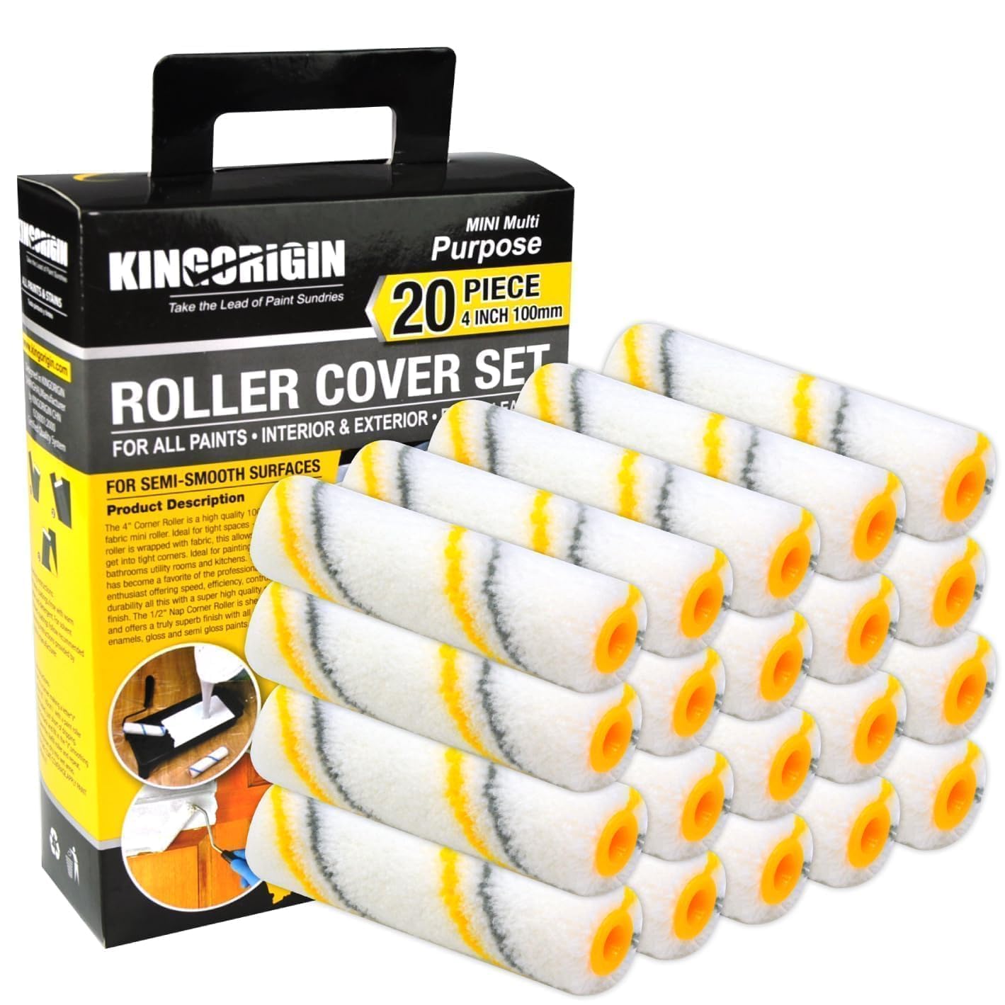 King Origin Paint Roller 4 Inch, 20 Piece Mini Paint Roller Covers, 3/8" Nap Microfiber Roller Cover Refill, Small Paint Roller for All Paints and Stains