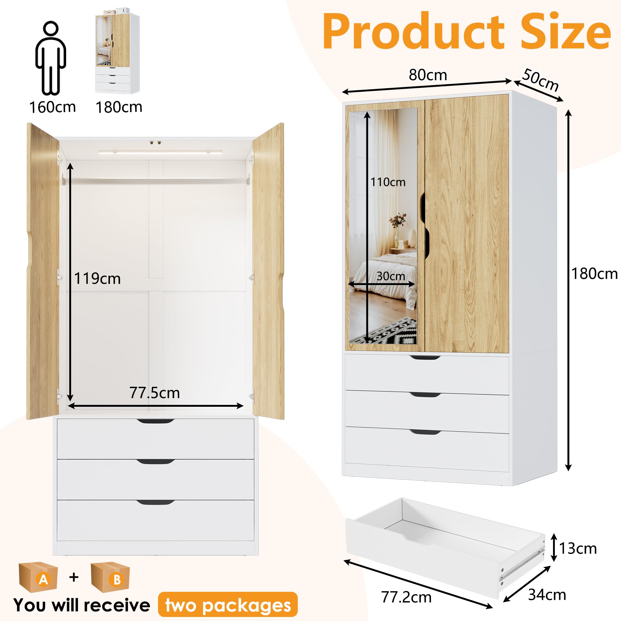 Kleiderschrank Weiß, Garderobenschrank 2-türiger mit Spiegel | Beleuchtung mit Bewegungsmelder | 3 Schubladen, Moderner Wardrobe Schrank für Schlafzimmer, Kinderzimmer, Flur | 80 x 180 x 50 cm (B/H/T)