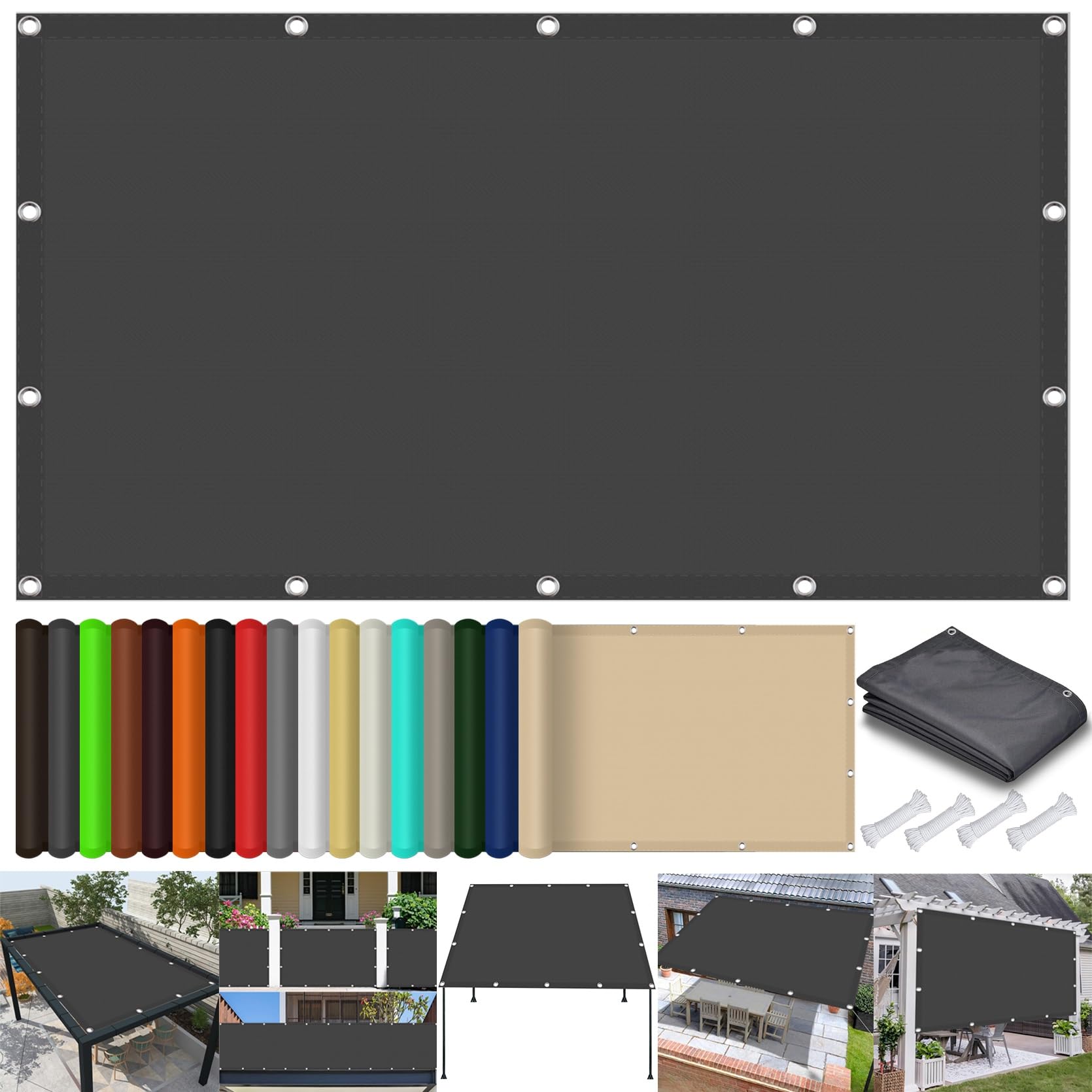 Schattierungsnetz mit Ösen inkl Befestigungsseile 160 x 420 cm,98% Uv Schutz Reißfest Wetterfest, Wasserdicht, Langlebiges, Sonnensegel Wasserabweisend Rechteckig,Für Balkon Garten, Dunkelgrau