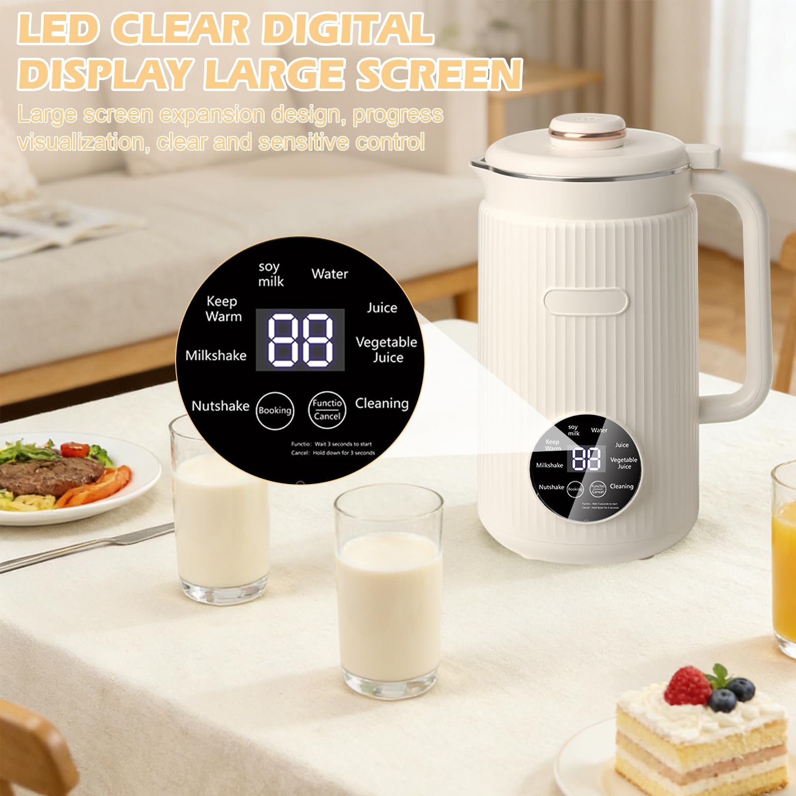 Máquina de Leche Vegetal 8 en 1, 1.2L con Autolimpieza, Temporizador - Elabora Leche de Avena, Almendra, Soja, Frutos Secos y Zumos (Blanco)