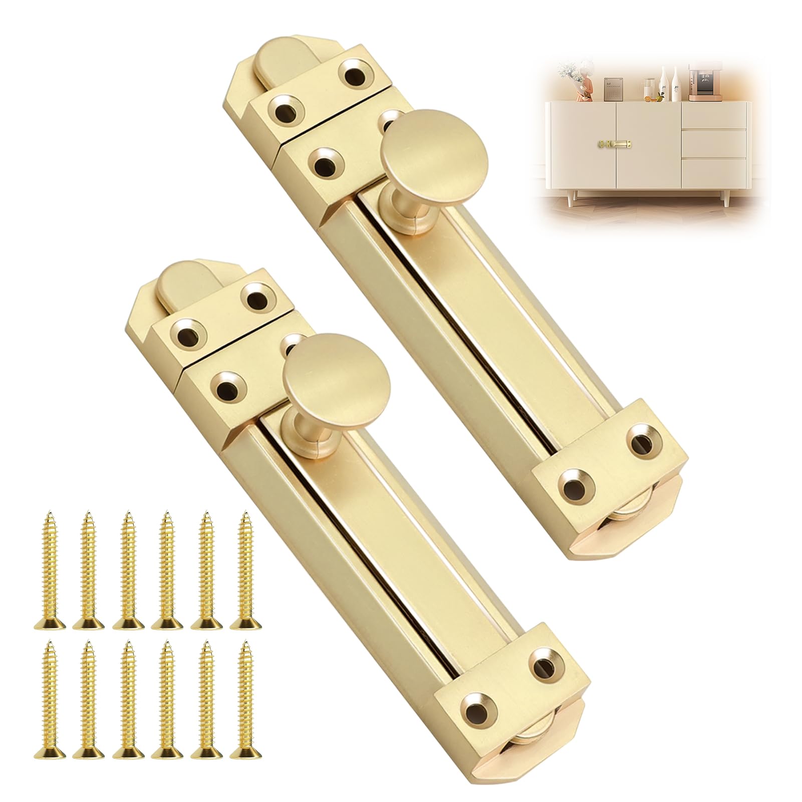 2pack Brass Door Bolts Lock 4 Inch 100mm Surface Mounted Sliding Barrel Bolt Latch Lock with Screws for Garden Bedroom Bathroom Cabinets Cupboards Securing Internal External Wooden Doors Gold