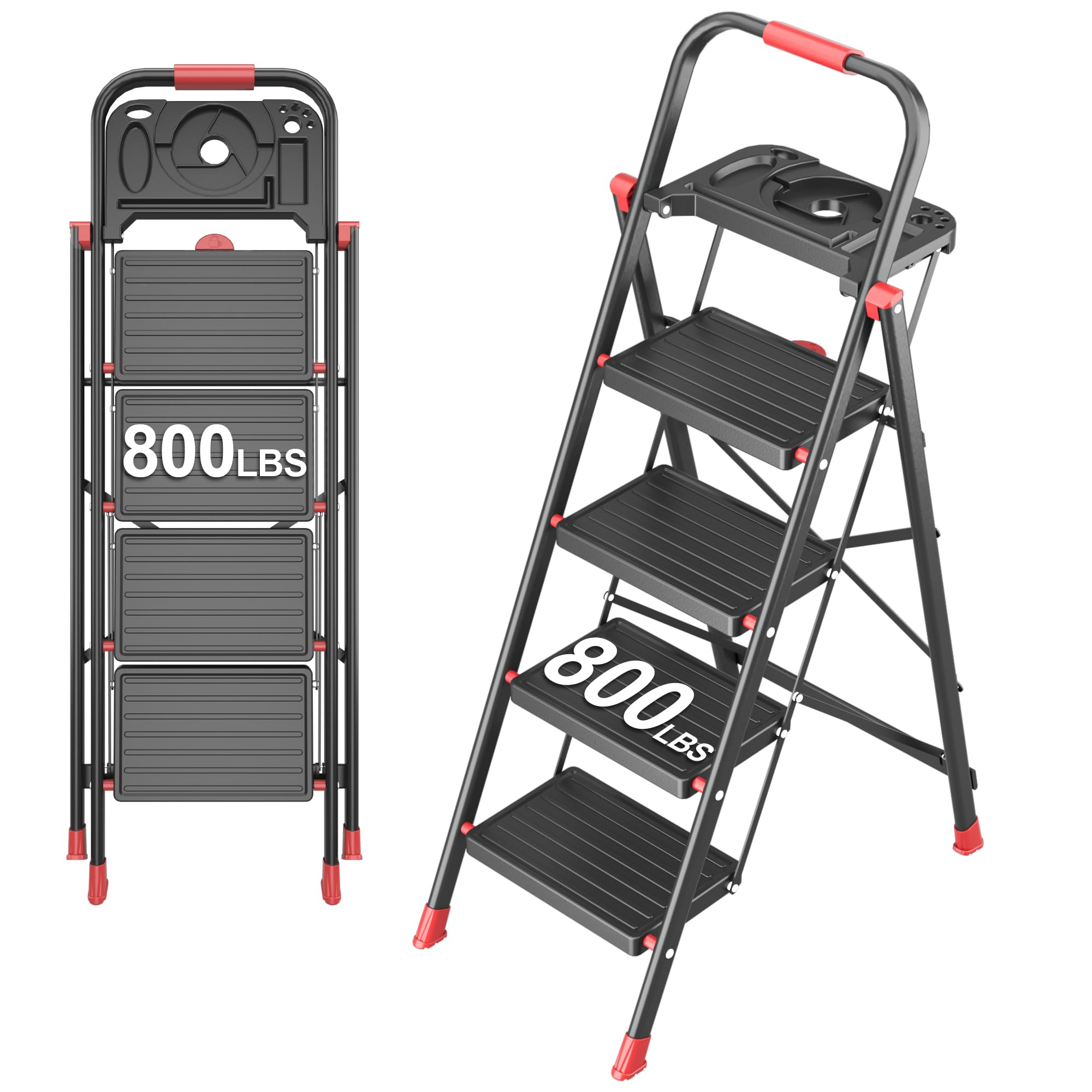 4 Step Foldable Step Ladder with Mutifunctional Tool Tray, Platform Ladders Stepstools, Step Stool 4 Step Folding with Non-Slip Pedals, 800lbs Bearing Capacity for Adults, Home, Kitchen, Black Red