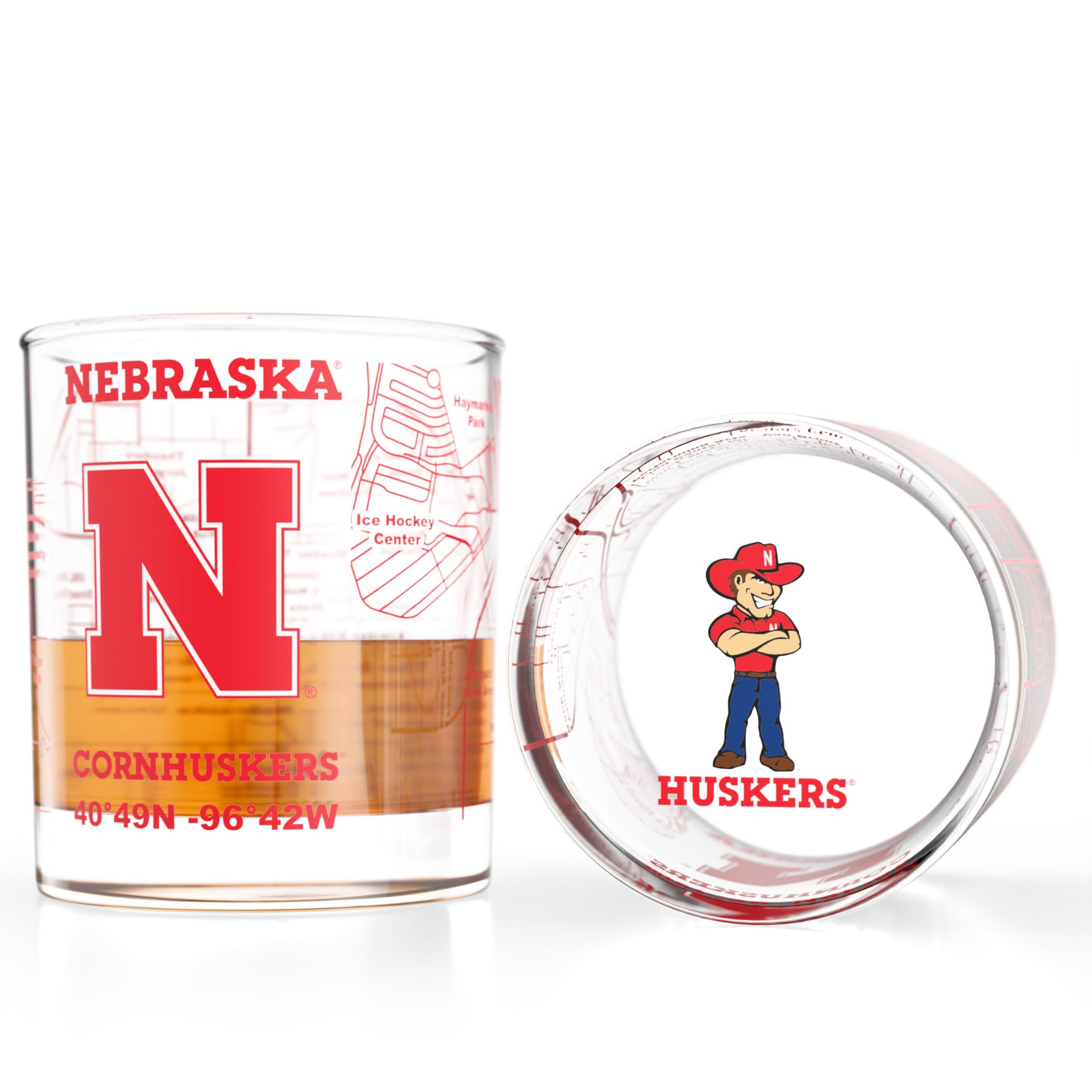 Greenline Goods University of Nebraska Cornhuskers Whiskey Glasses Set of 2, 10 oz Rocks Glasses with Full-Color Logo &amp; Campus Map – Officially Licensed Bourbon Glass Gift for Alumni &amp; Fans