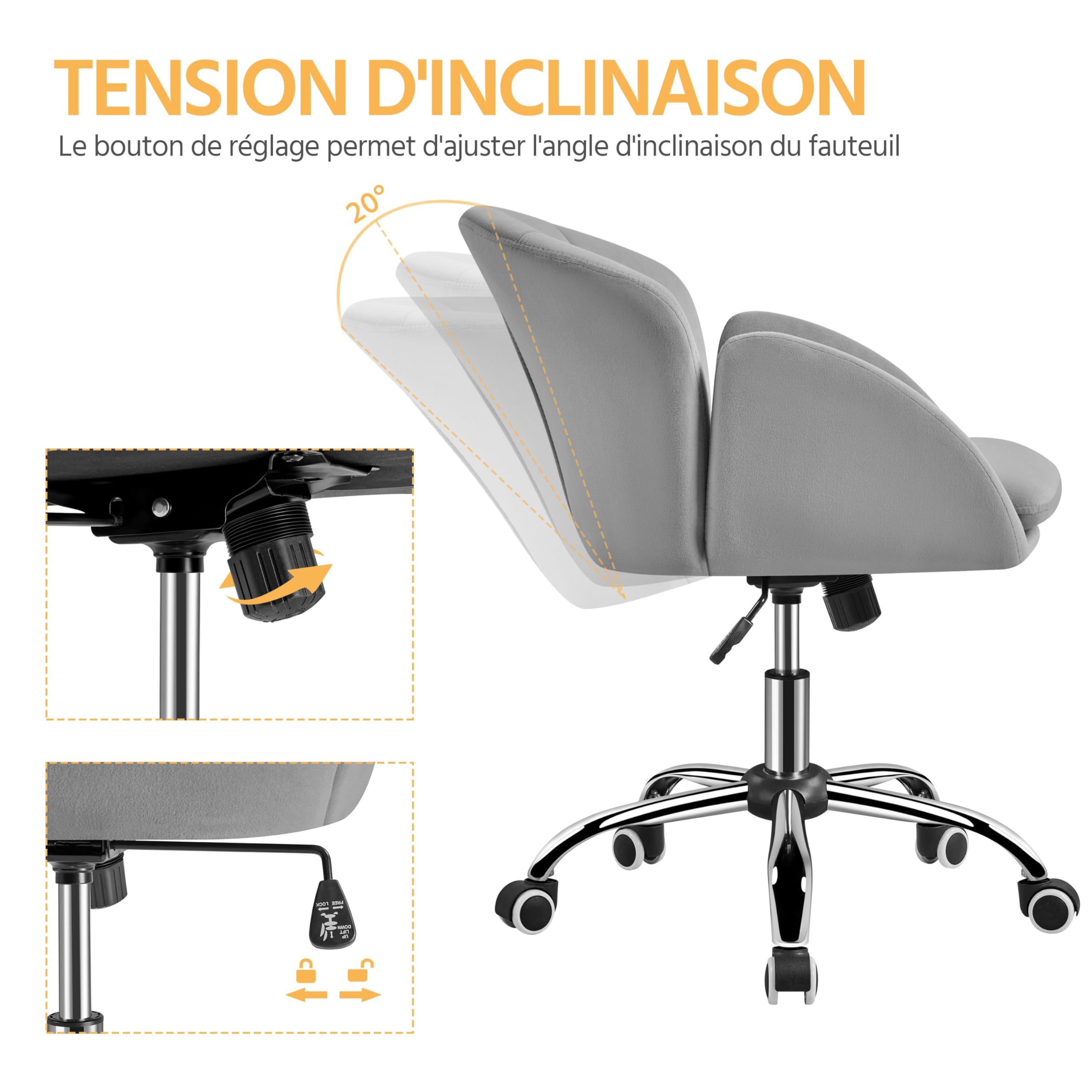 Yaheetech Sedia da ufficio Design Fiore Sedia da ufficio in Velluto Altezza regolabile con schienale arrotondato reclinabile per camera da letto, biblioteca, grigio chiaro