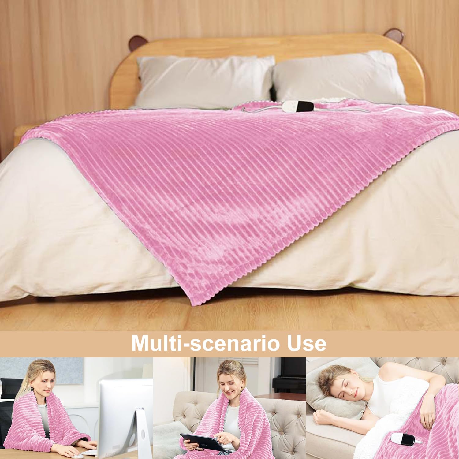 Heizdecke mit Abschaltautomatik 180 x 135cm | 6 Heizstufen Überhitzungsschutz,Elektrische Wärmedecke Bett Wärme Decke für Home & Office Flanell Maschinenwaschbar Rosa