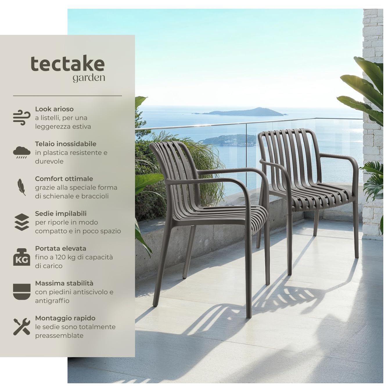 Tectake Set da 4 Sedie da Giardino Impilabili in Polipropilene per Esterno, Terrazzo, Antracite