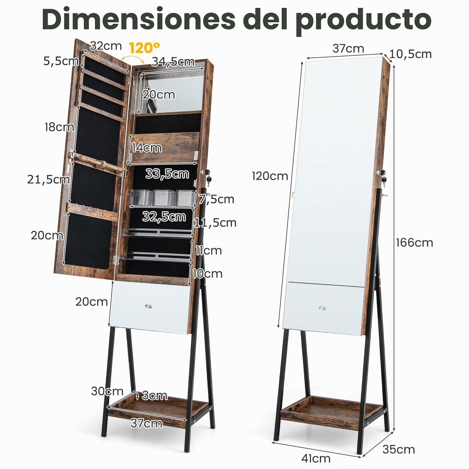 HOMASIS Espejo joyero independiente 2 en 1 con luces LED ajustables, espejo joyero con cerradura y cajón, armario joyero con espejo de cuerpo entero, 41 x 35 x 166 cm (Marrón)