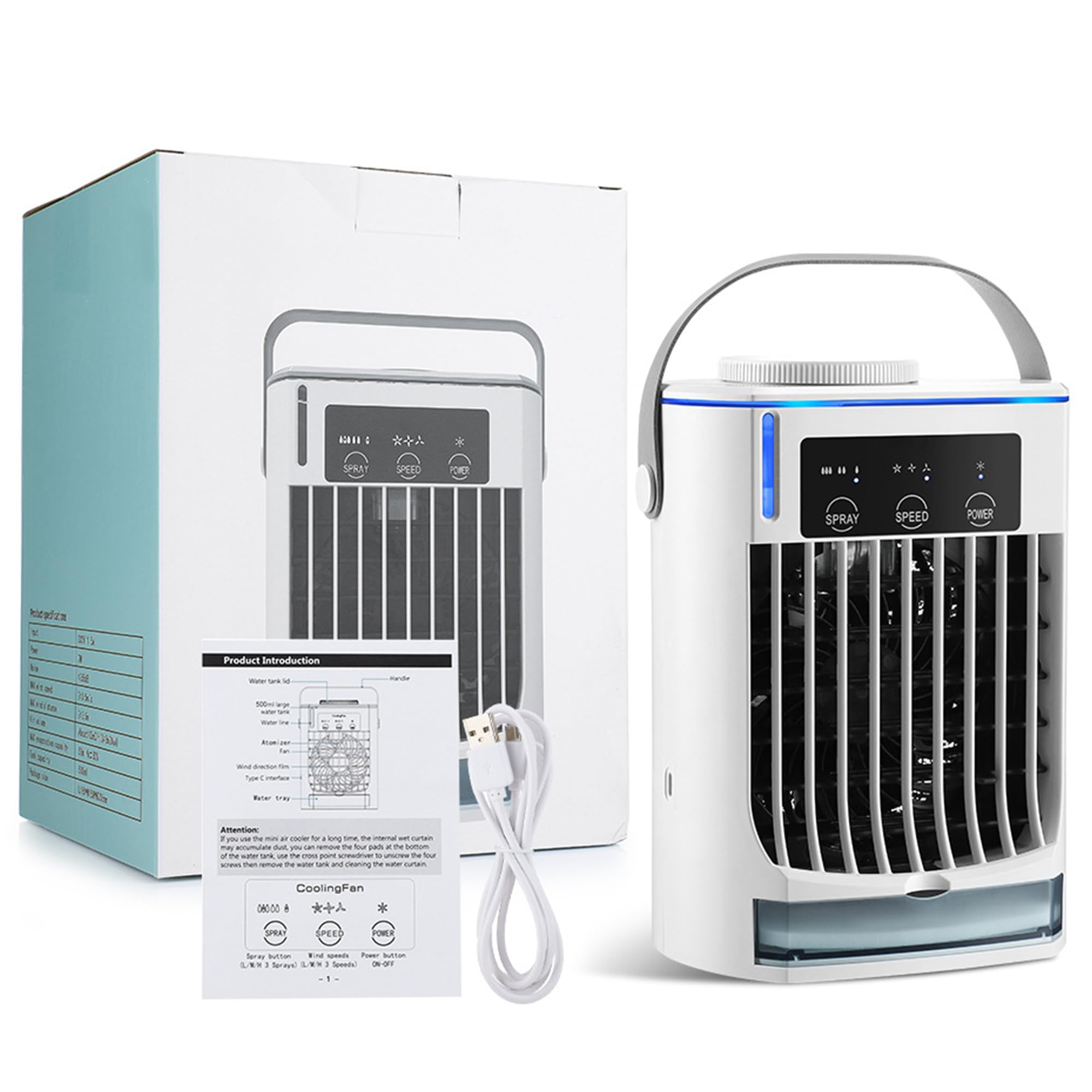 Ortable Fan Air Conditioner, biurkowy wentylator chłodzący, regulacja prędkości wiatru z trzema prędkościami, dwa tryby do wyboru, przenośny uchwyt do domu, biura, namiotu, pojazdu