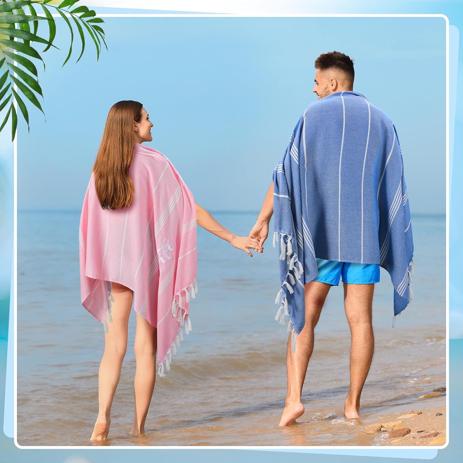 Preboun 2 Pcs Hubby and Wife Turkish Beach Towels Wedding Embroidery Bathroom Hand Towels Decorative Stripe Turkish Honeymoon Newlywed Couple Wedding Gift 71 * 39 Inch(Blue, Pink)