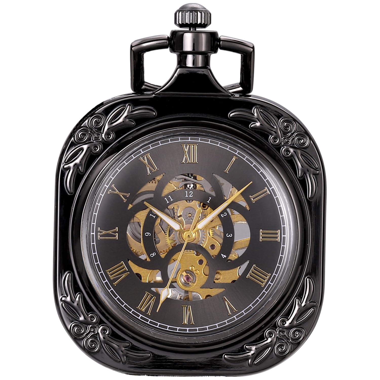 ManChDa Pocket Watch Square Dial Skeleton Pocket Watches Transparent Open Face Mechanical Fob Watch for Men Antique Roman Numerals Vintage Steampunk Chain + Gift Box | Black