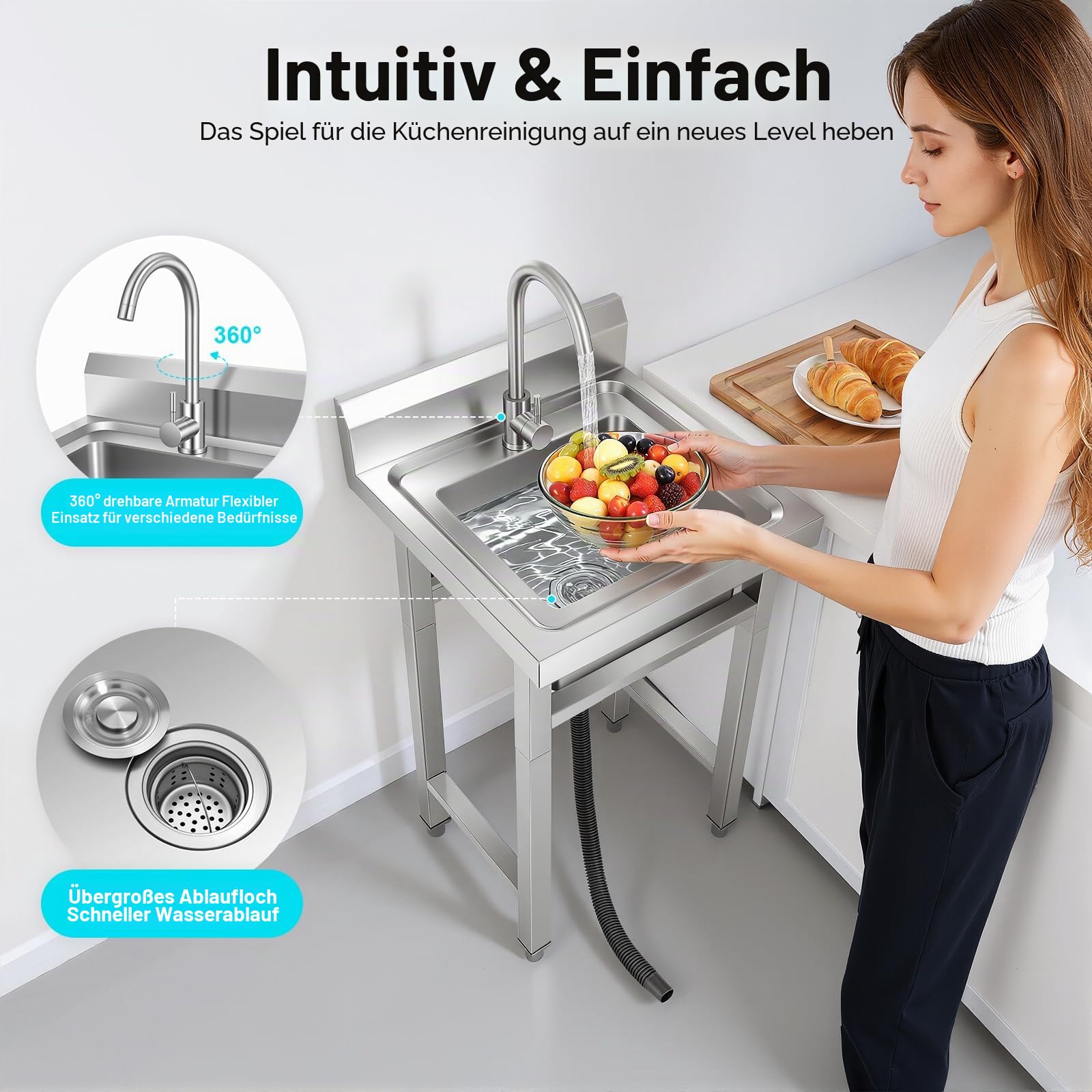 Edelstahl Küchenspüle, 50x50x93cm Profi Spültisch Gewerbliche Freistehend Spüle Multifunktionswaschtisch Singleküche Mobile Deluxe Spültisch Camping Waschbecken für Küche Wäsche Garage Garten Bar