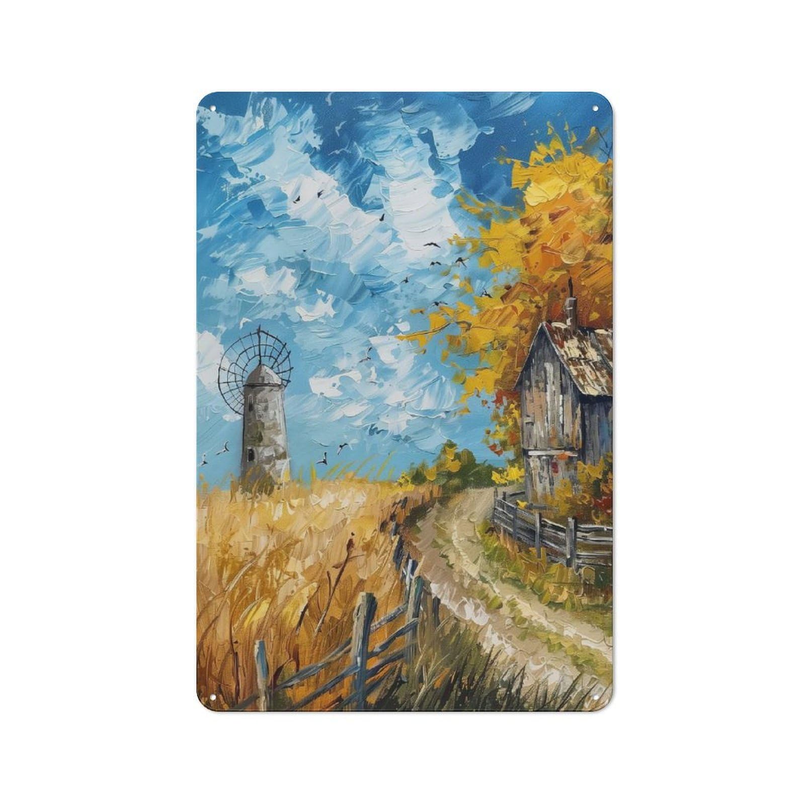 Junmoney Style-17 Workshop Style Garage Metal Sign 30X20cm Featuring Autumn Landscape With Windmill And Barn, Industrial Wall Art For Garage, Hobby Room, Office Or Man Cave
