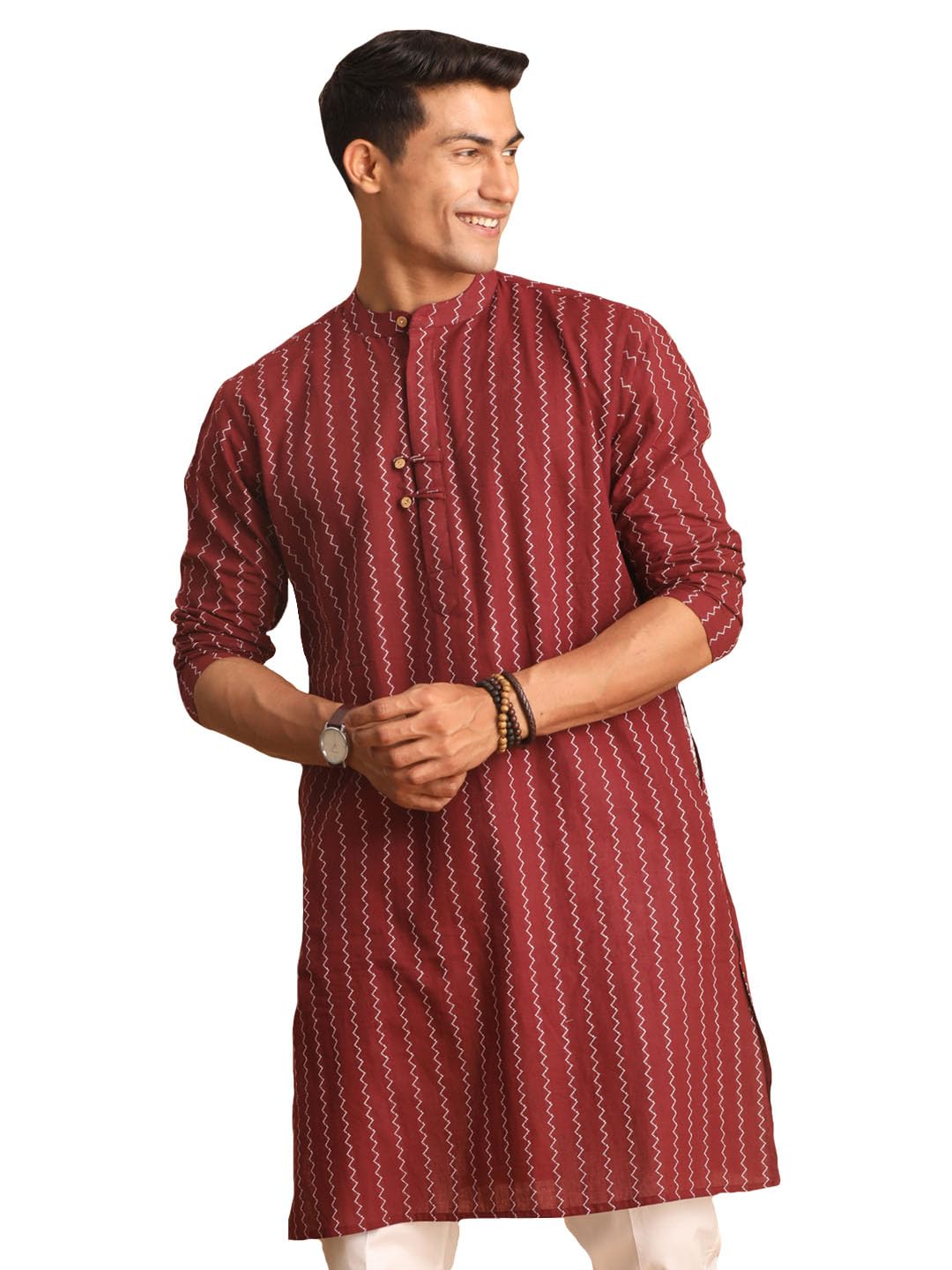 shvaas by vastramay Solid Regular Men's Maroon Cotton Kurta-picture-14