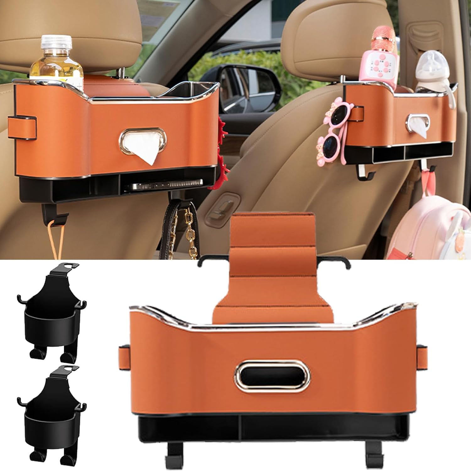Multifunctional Car Seat Back Storage Box, 2025 New 5 in 1 Car Seat Back Storage Box, Car Seat Storage Box with Glasses Clip and Mobile Phone Holder (Orange, No Pattern)