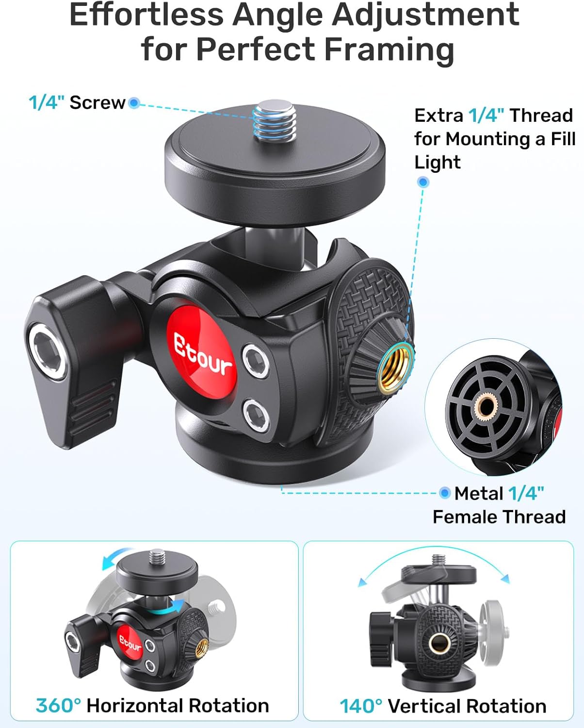 Webcam Stand for Desk, with 360 Ballhead, Heavy Base Height Adjustable Tripod for Logitech Webcam C922 C930e C920 C615 C960 C920x BRIO 4K NexiGo N60, Phone Mount, Gopro with 1/4" Thread