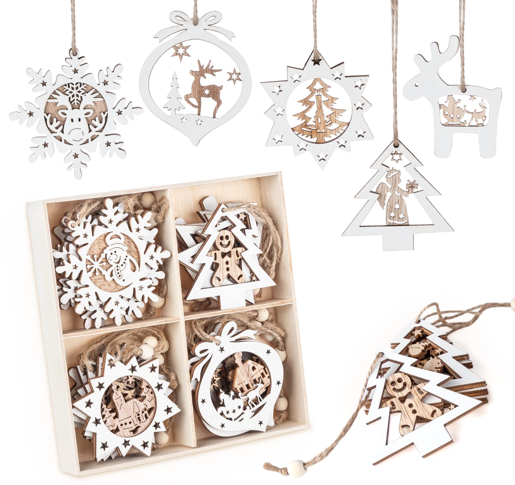 MocraftPack of 20 White Wooden Christmas Ornaments, Hanging with String for Christmas Tree Decoration