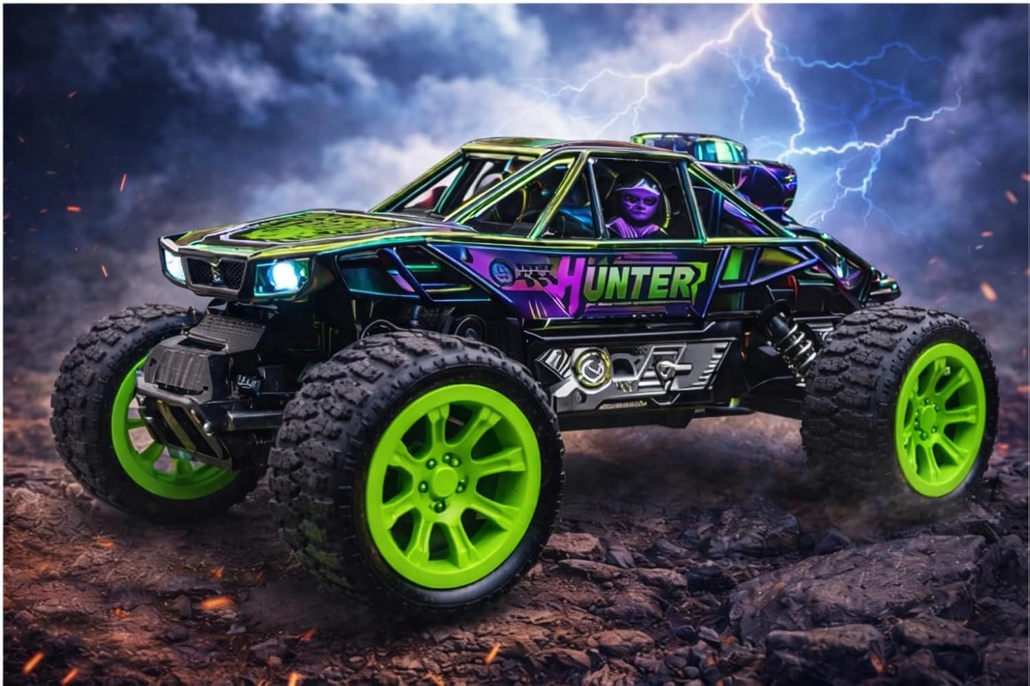 PB Prime Brands Rechargeable Remote Control Rock Crawler Car with Smoke Effect, 2.4GHz RC Off-Road Truck, 60FT Control Range, USB Type-C Charging 2WD (Green) 3