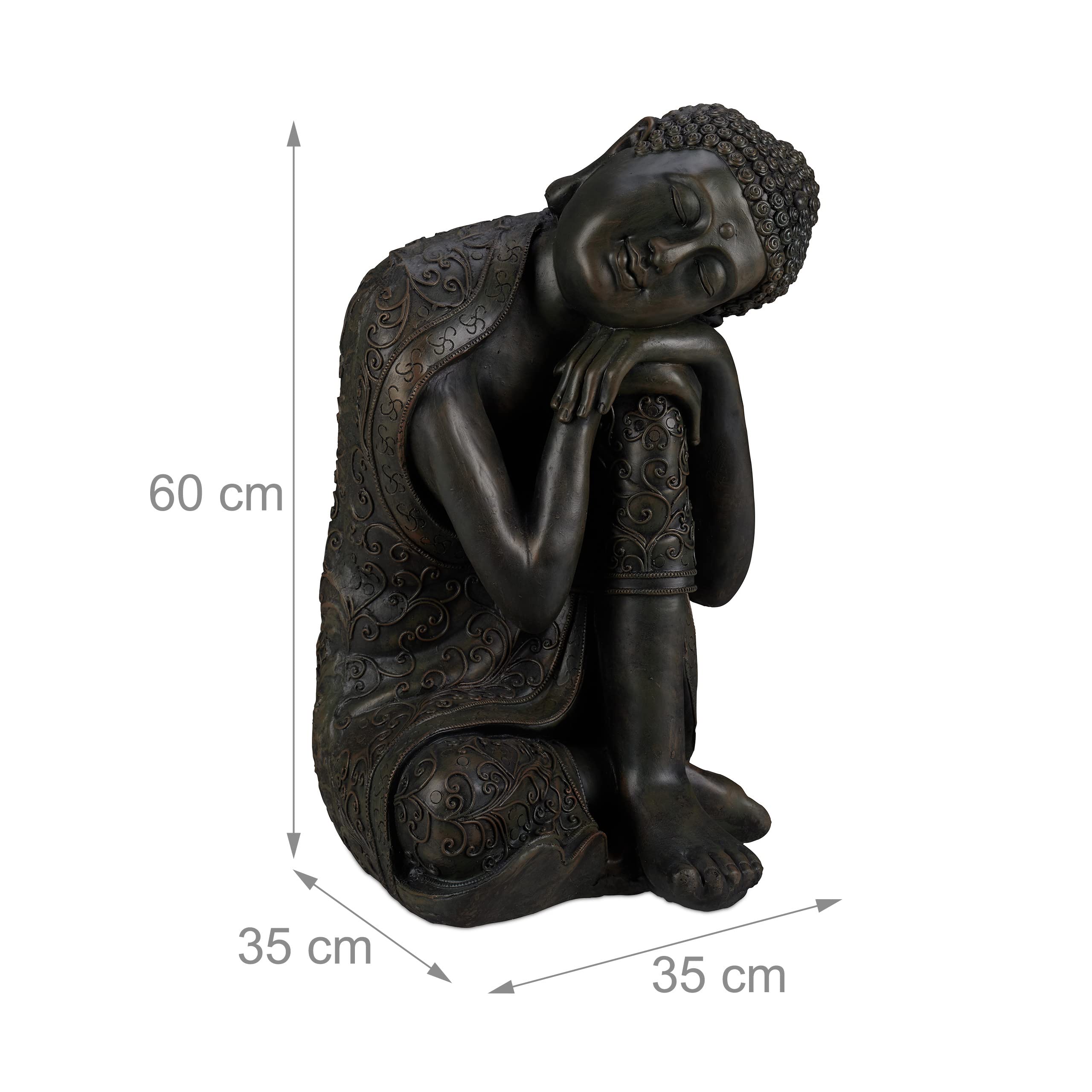 Relaxdays Figurka Buddy nachylona głowa, XL 60 cm, azjatycka figurka ogrodowa, figurka dekoracyjna, do salonu, odporna na mróz i warunki atmosferyczne, ciemnoszara, żywica poliestrowa