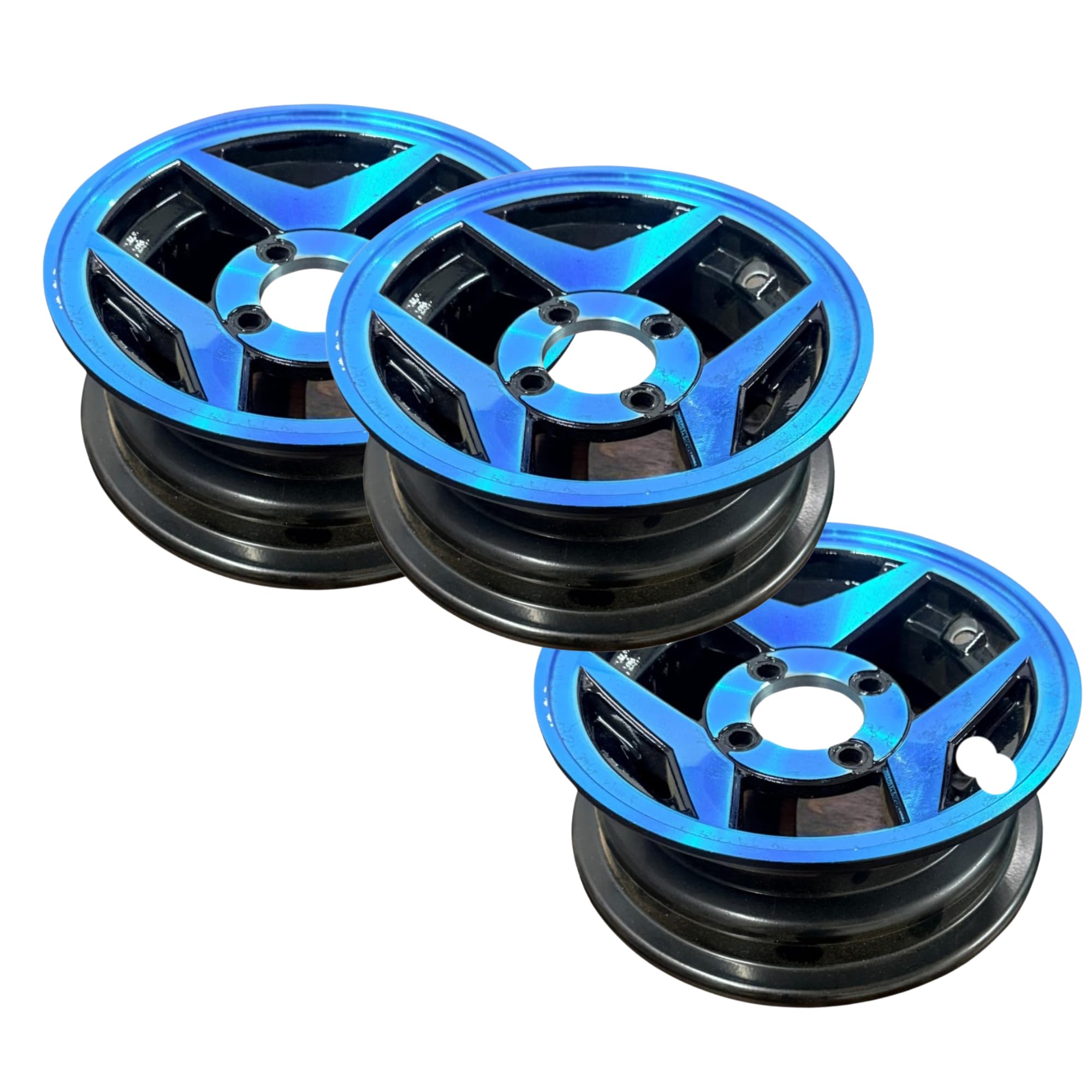 Alloy Wheel for Compatible 3 Wheeler Vehicles | Diamond Cut Multi-Colour Finish | Metallic Blue & Black | 5-Spoke Design | Pack of 3-picture-10