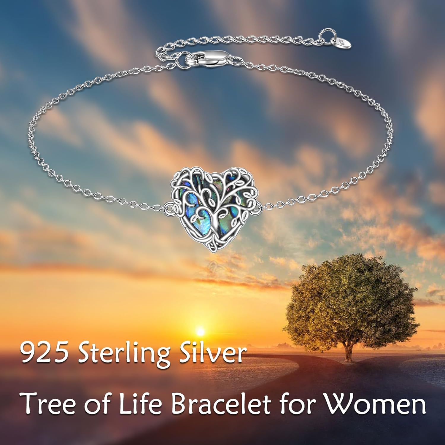 Tree of Life Bracelet 925 Sterling Silver Heart-cut Abalone Link Adjustable Bracelet Jewelry Gifts for Women - Image 4