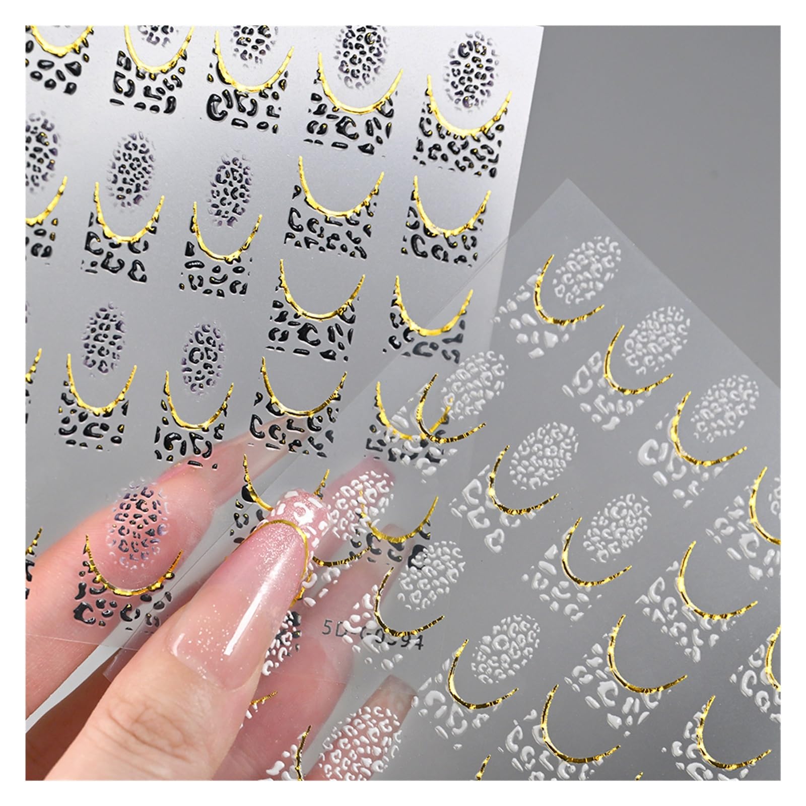 6 Sheet Sexy Golden French Leopard Print Nail Art Stickers 5D White+Black Spotted Design Decals DIY Decor(Black-White)
