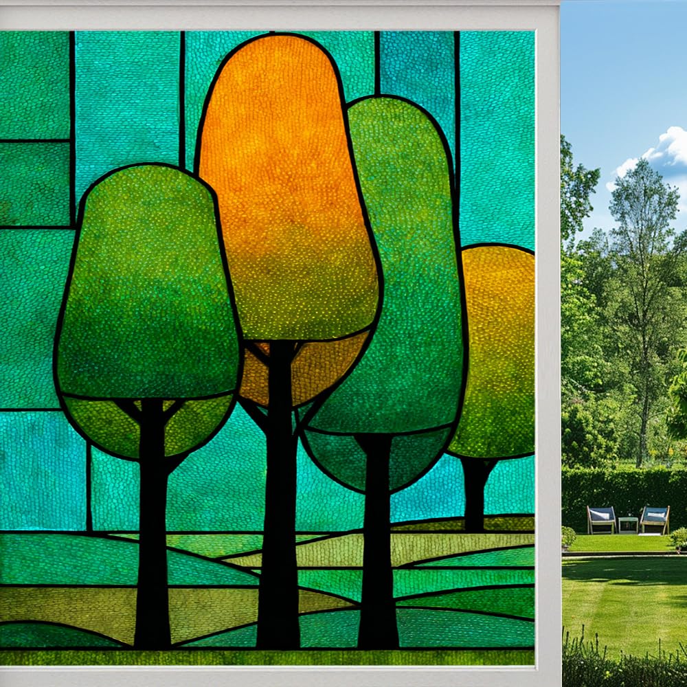 Pmlbaous Vintage Forest Privacy Window Film, Colorful Abstract Trees Frosted Self-Adhesive Vinyl Cling For Glass Doors Bathroom Windows Sun Blocking Heat Control, （70X100cm）