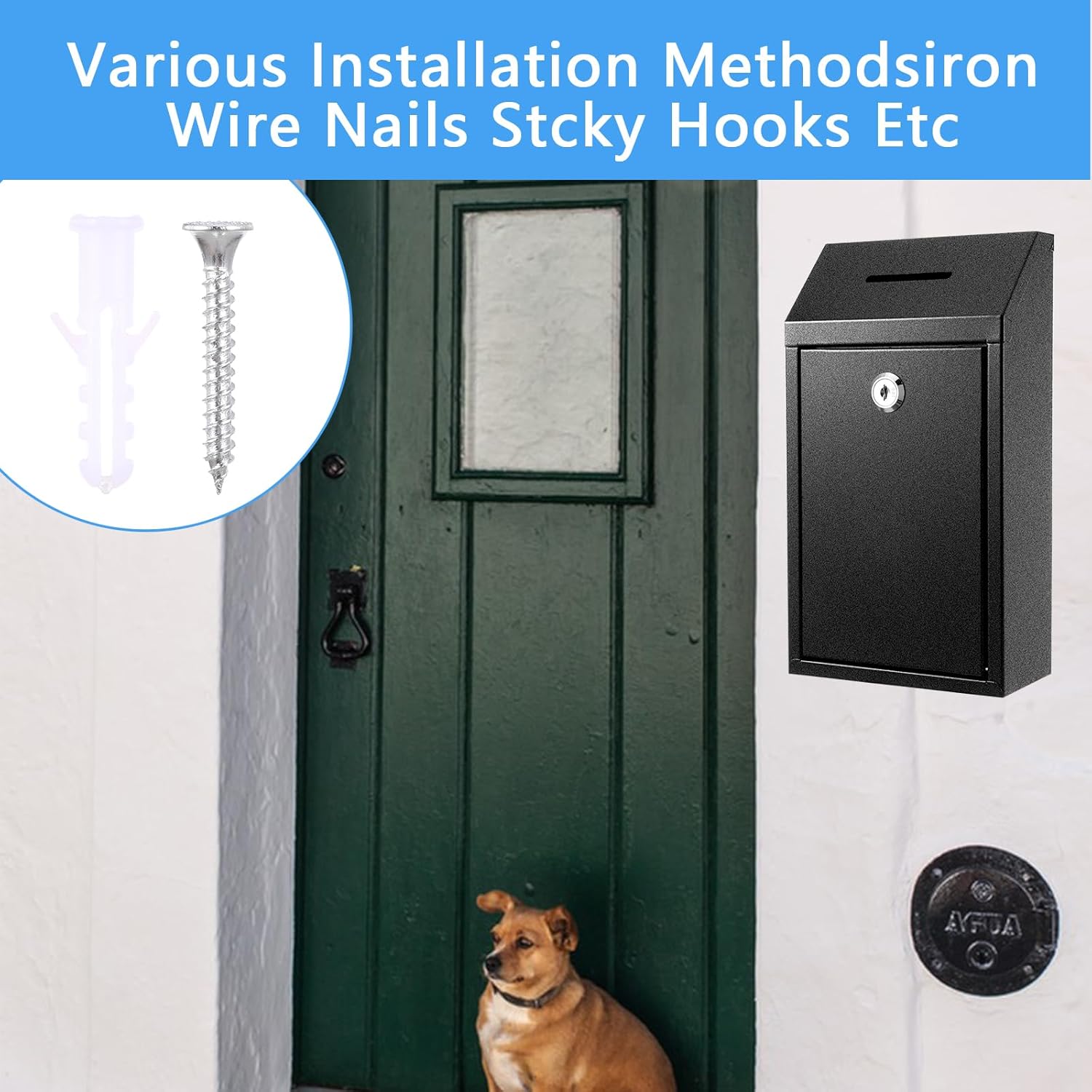 Metal Donation Box Collection Box Suggestion Box with Lock Wall Mounted Mailbox Delivery Ballot Box Safe Ballot Box Key Drop Box for Home Office Outdoor Door, 10.24 x 8.66 x 3.15 Inch