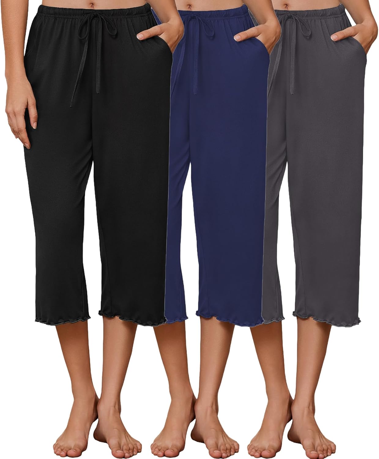 Ekouaer 3 Pack Women Capri Pajama Pants 2026 Ruffle hem Lounge Pants Drawstring Pj Bottoms with Pockets