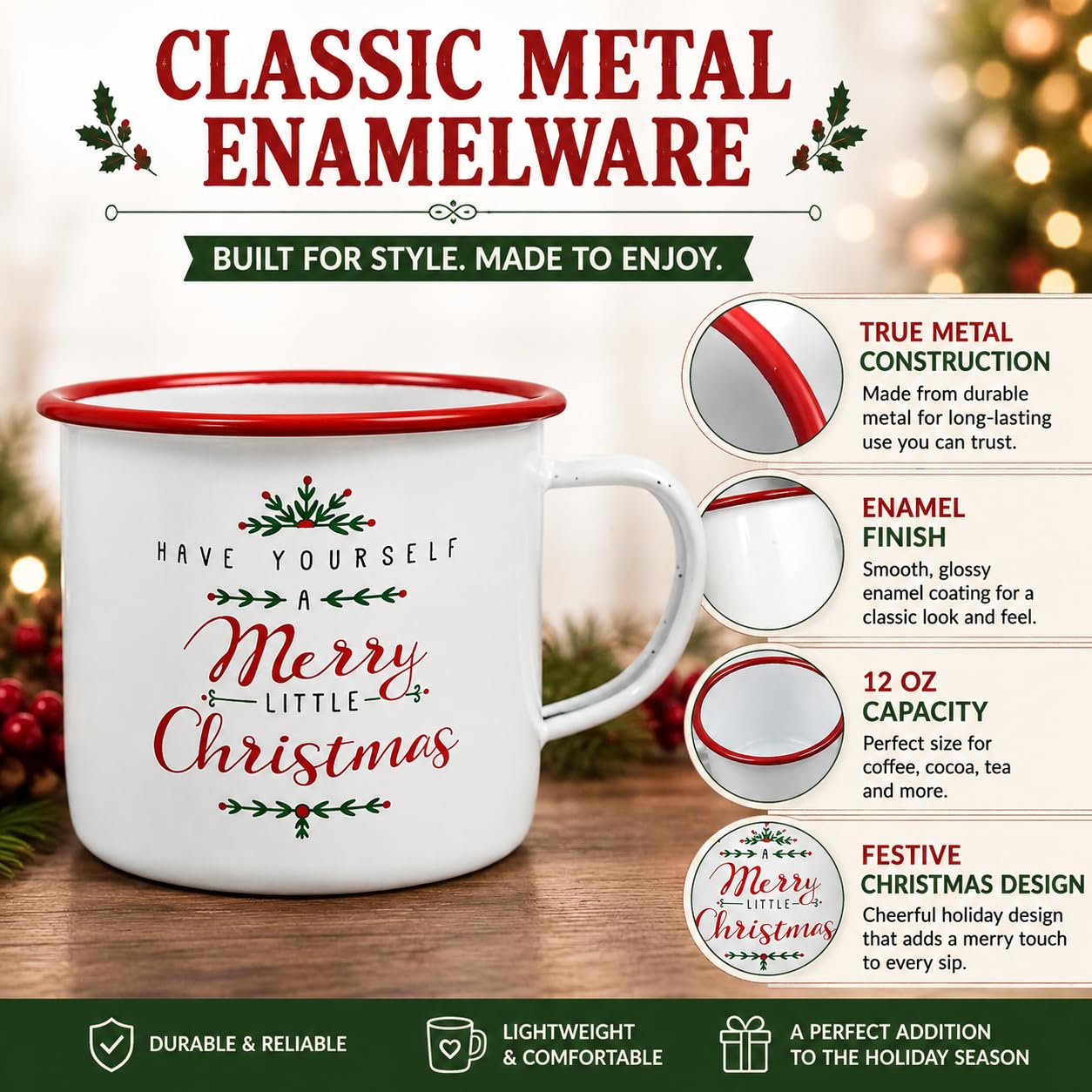 Wowser Merry Little Christmas - Taza de Desayuno, esmaltada, Color Rojo y Blanco, 3 3/4 Pulgadas de Alto