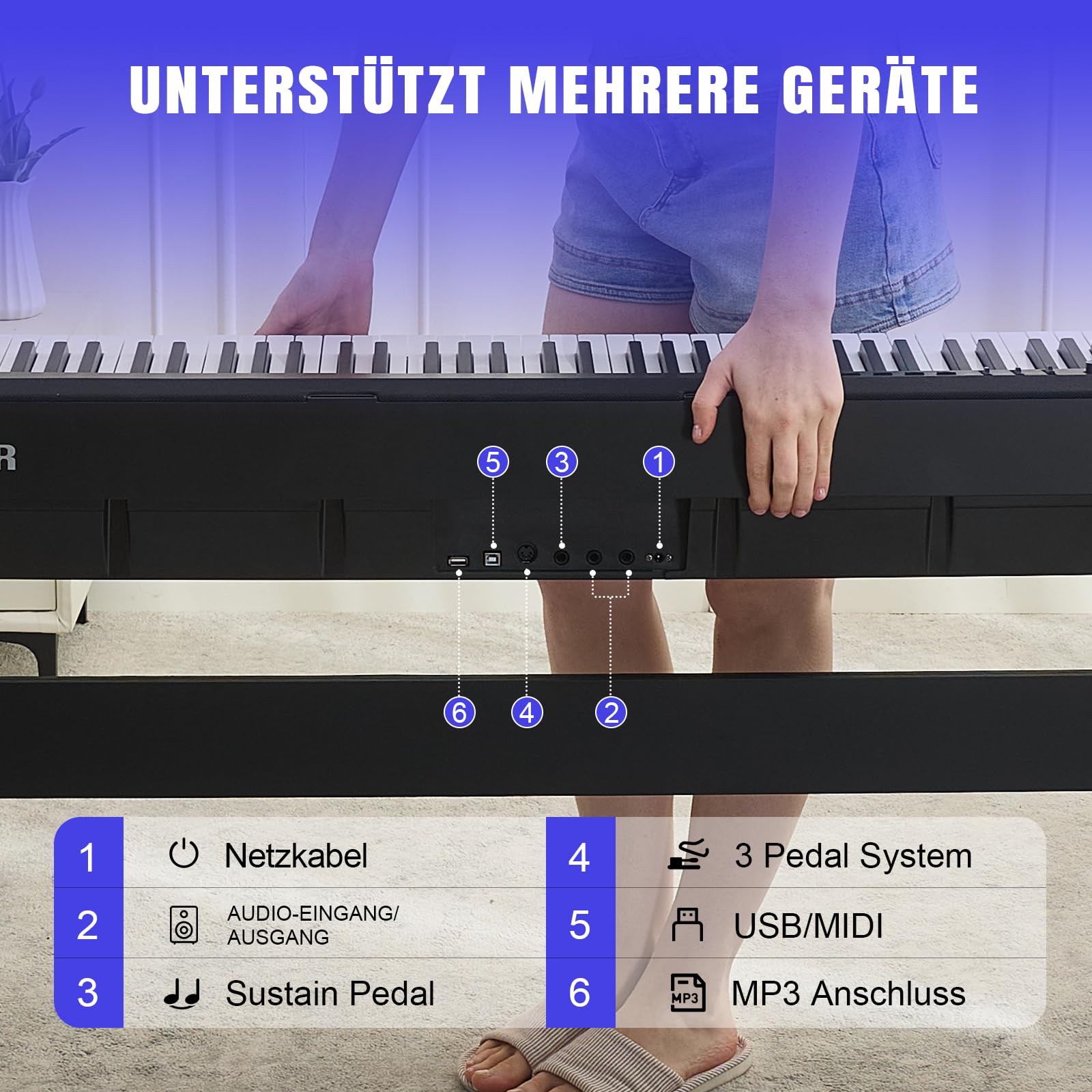 MUSTAR Piano digital de 88 teclas con mecanismo de martillo, piano clásico profesional, función dual y transpose, 3 pedales, soporte para piano, altavoz, USB/MIDI, negro