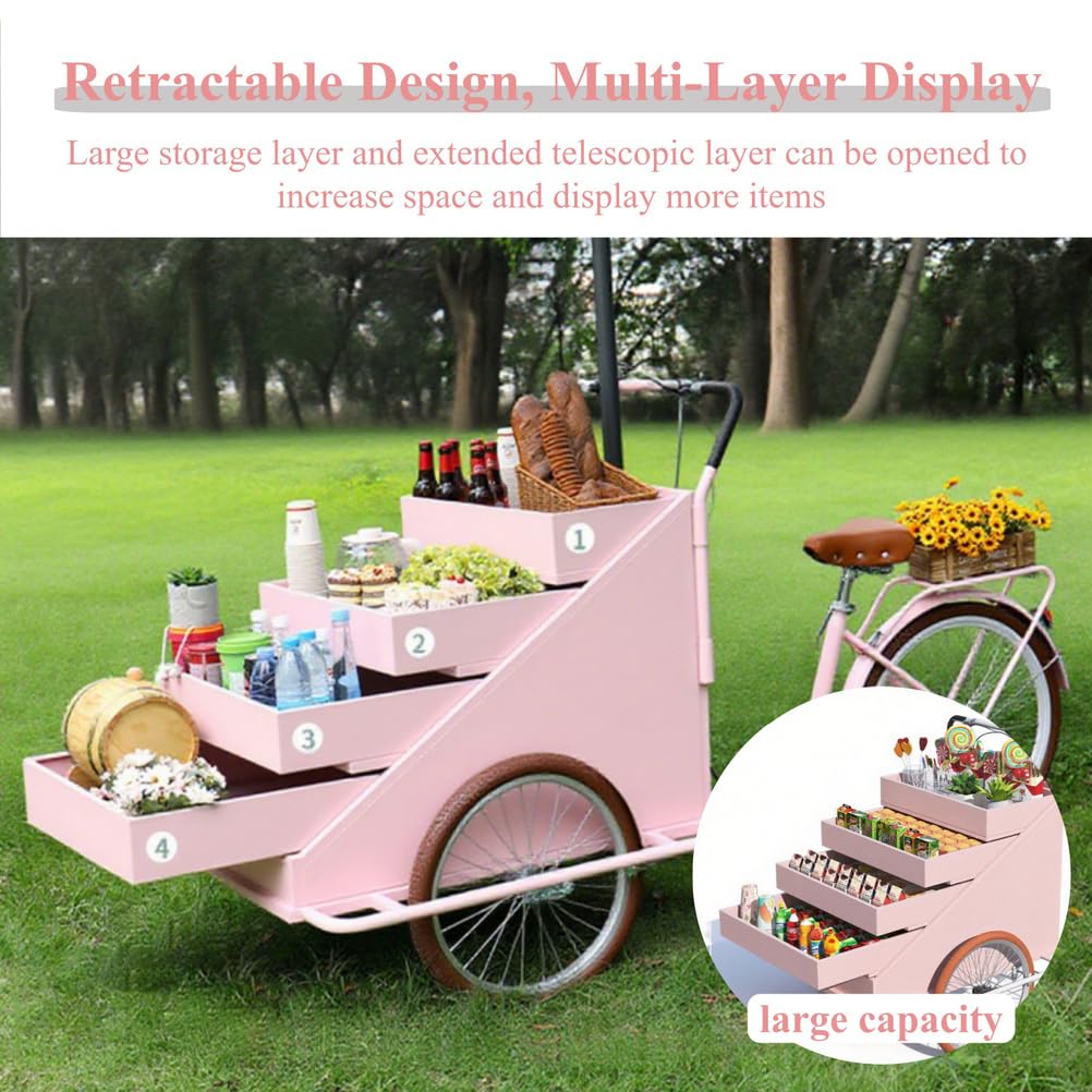 Carrito de Venta Ambulante de Comida móvil de Gran tamaño con Triciclo, para Plantas con Estante de exhibición Abierto de 4 Capas, para Venta minorista y Entrega a Domicilio