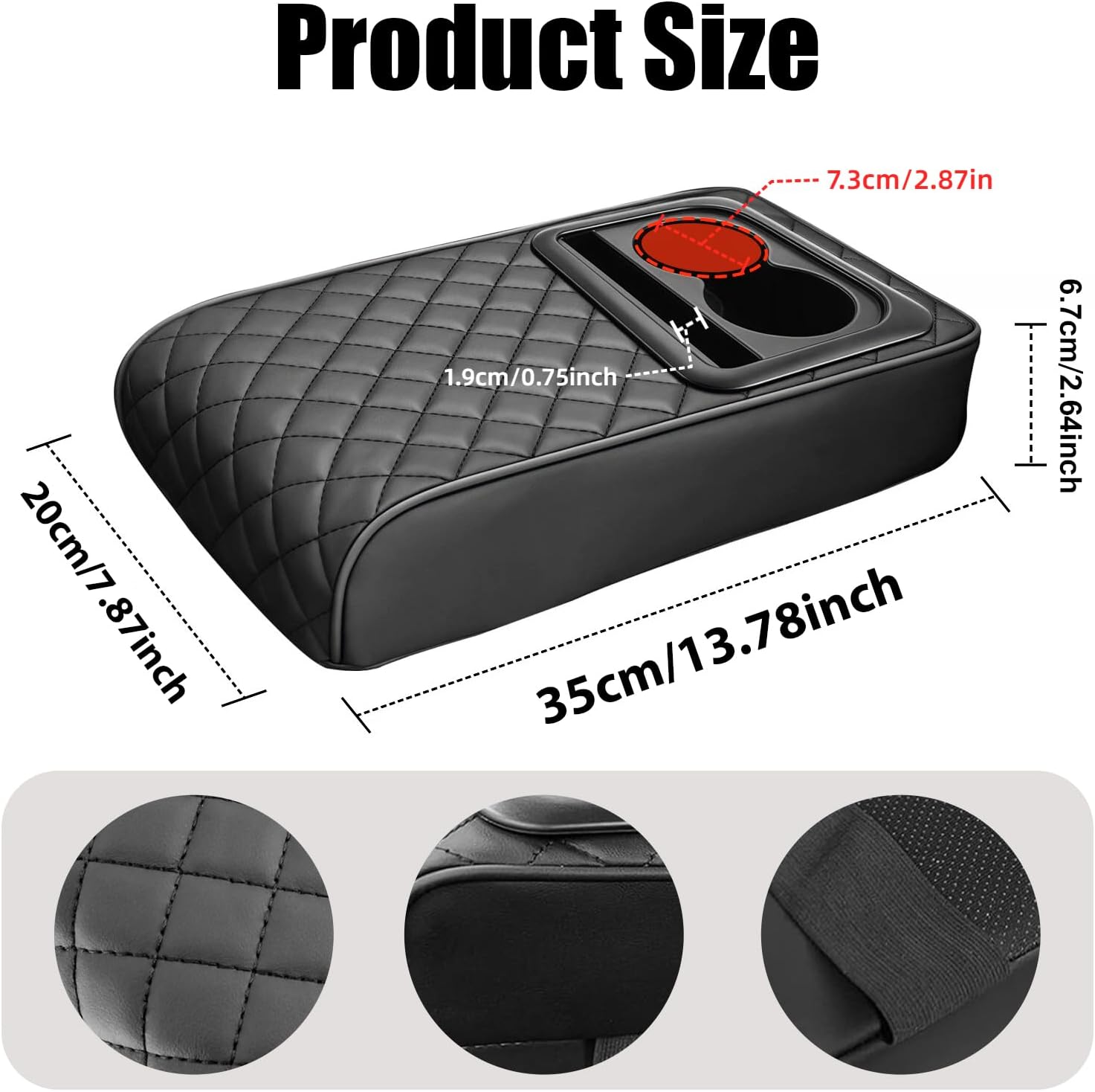 Leather Car Armrest Cup Holder Cushion, Memory Foam Car Arm Rest Cushion with Cup Holder & Phone Storage, Waterproof Ergonomic Armrest Box, 13.78" x 7.78" (Black)