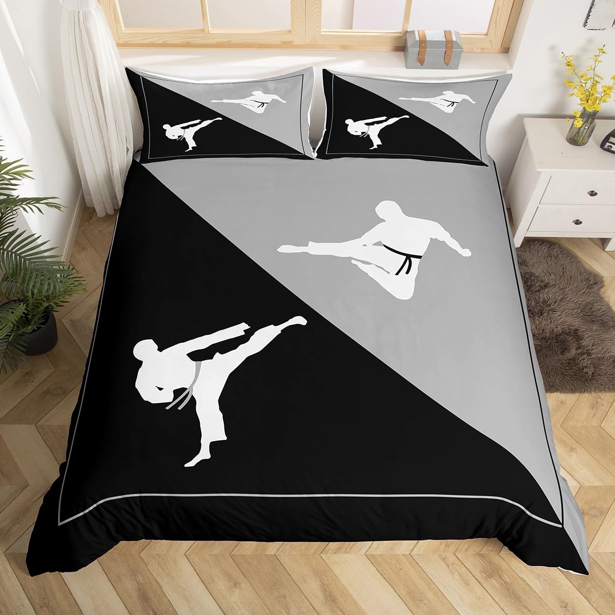 Taekwondo Duvet Cover,Kids Japanese Sports Bedding Set,Black Gray White Comforter Cover for Boys Girls Room Decor,Kungfu Lightweight Bedspread Cover Twin Size with 1 Pillow Case(No Comforter)