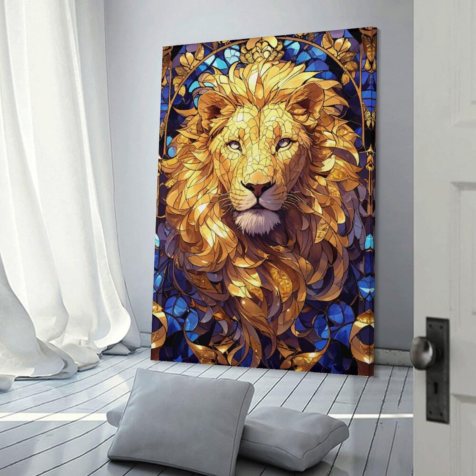 Junmoney Golden Lion Stained Glass Art Hanging Wall Art, 24x36inch(60x90cm), for Gallery Wall Decor And Room Displays, Home Wall Art for Statement Displays