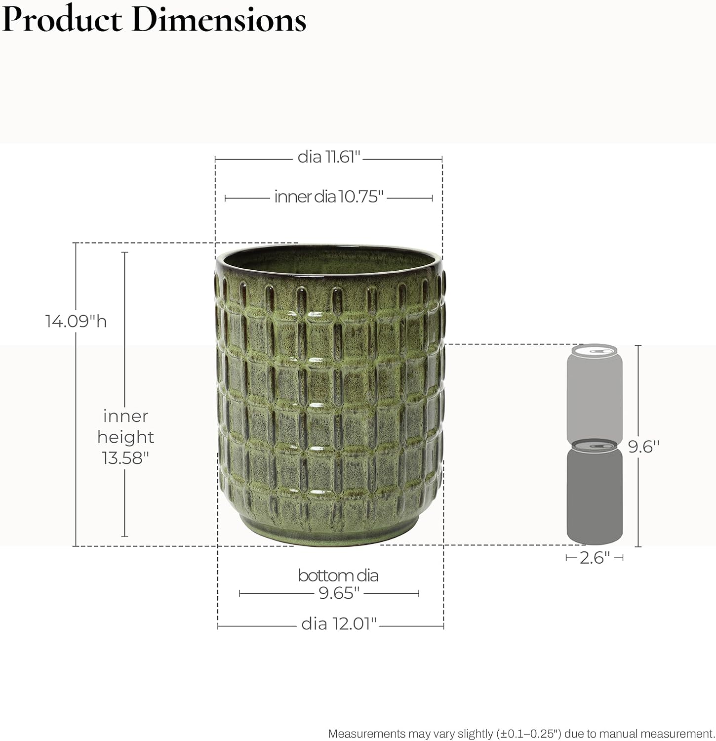 LuxenHome 14" Tall Ceramic Planter Pot for Indoor Outdoor Plants with Geometric Texture, Large Round Plant Pots with Drainage Hole, Garden Flower Pots, Green