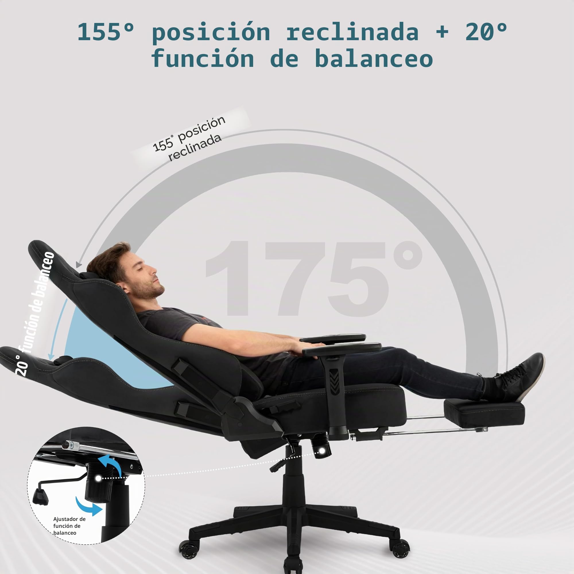 Symino Silla Gaming Ergonómica con Reposapiés, 150° Reclinable: Soporte Lumbar y Reposacabezas Regulable, Ajustable en Altura, Soporta hasta 200kg (Black)
