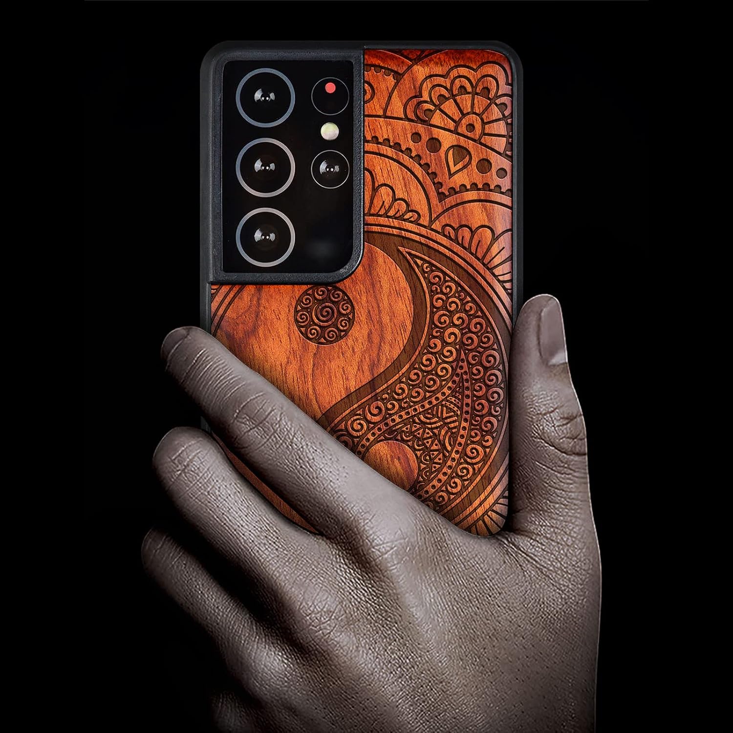 Carveit Wood Case for Galaxy S21 Ultra Case [Natural Wood & Black Soft TPU] Shockproof Hybrid Protective Unique Wooden Cover Compatible with Samsung S21 Ultra 5G (Yin-Yang Mandala-Rosy)