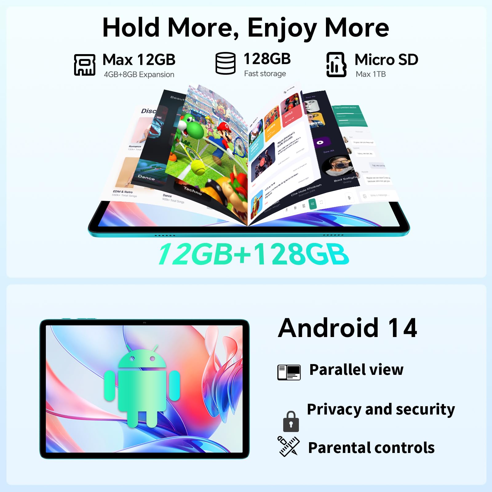 TECLAST P30 Android 14 Tablet 10.1 Pollici, 12GB RAM+128GB ROM(TF 3TB), 2GHz Octa-Core, Widevine L1/5GHz WiFi/GPS/OTG/BT5/6000mAh/Tablet con Custodia+Tastiera+Penna+3.5mm Auricolari, 8 Accessori-2025