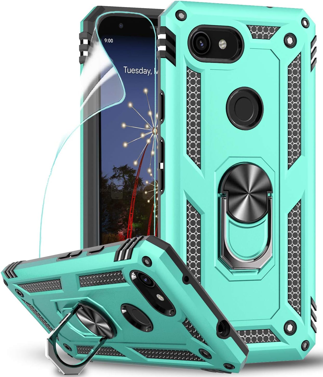 LeYi Google Pixel 3a Case (Not fit 3a XL) with HD Screen Protector, [Military-Grade] Armor Full-Body Dual Layer Protective Phone Case with Rotating Holder Kickstand for Google Pixel 3a, Mint
